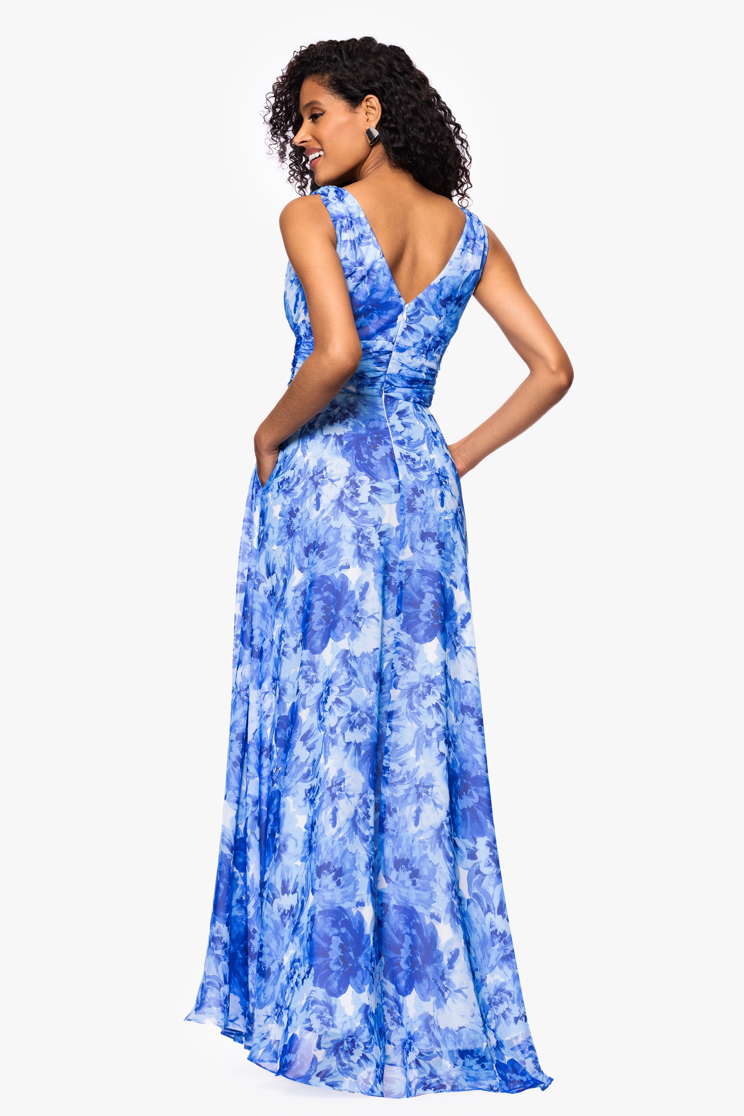 "Jaime" Print Chiffon V-Neck Floor Length Dress