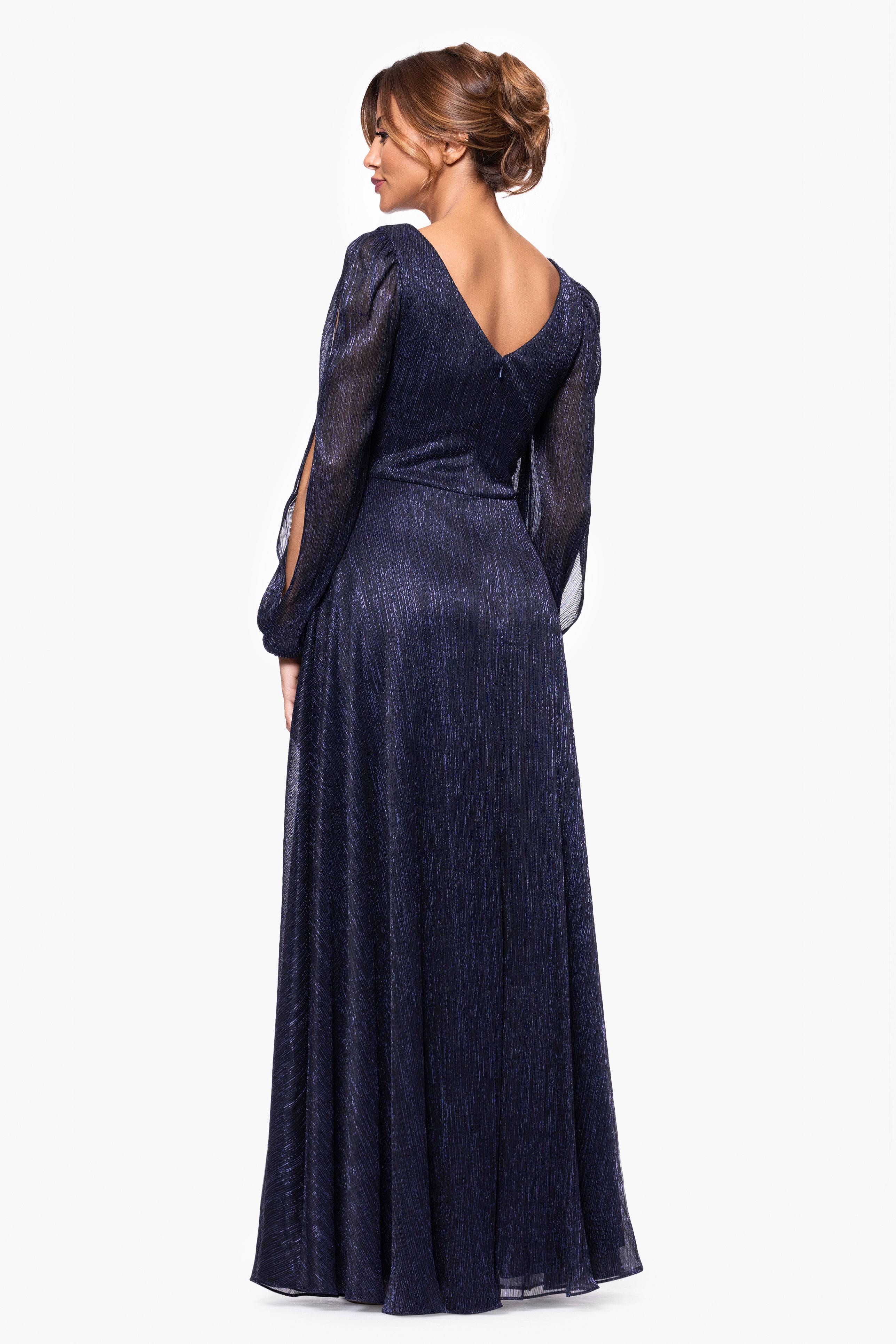 "Cheryl" Long Sleeve V Neck Metallic Knit Floor Length Dress