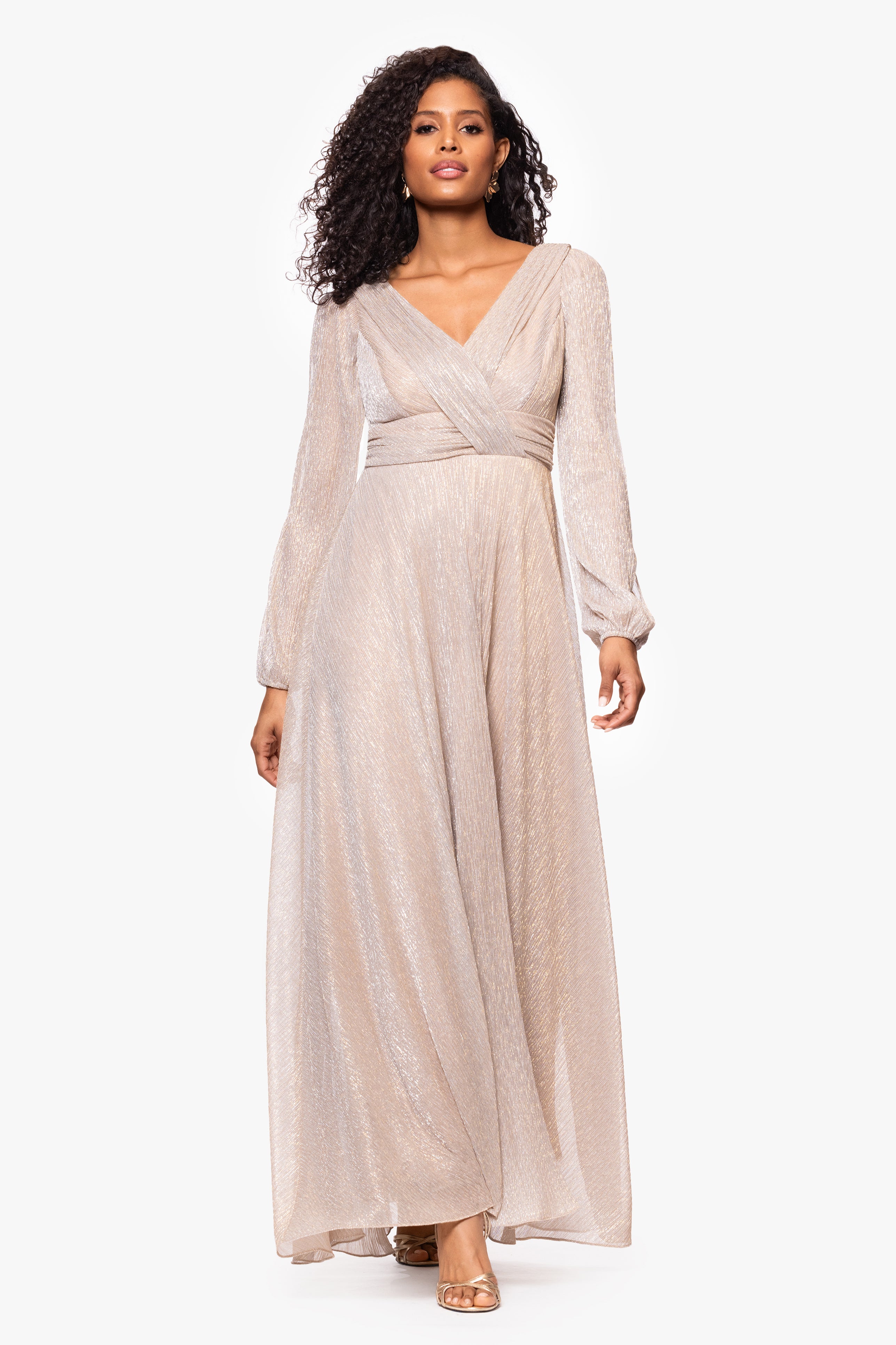 "Cheryl" Long Sleeve V Neck Metallic Knit Floor Length Dress