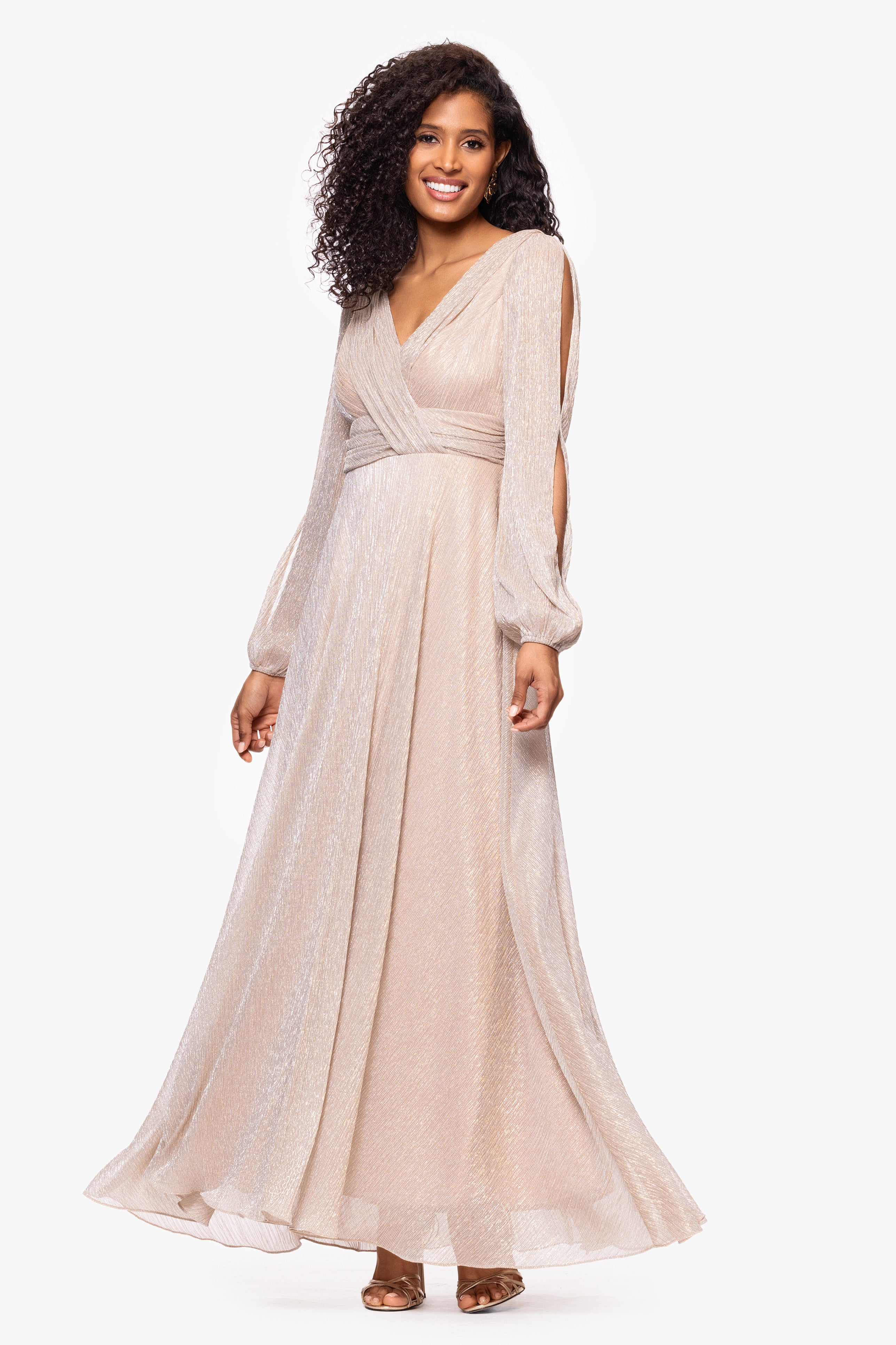 "Cheryl" Long Sleeve V Neck Metallic Knit Floor Length Dress