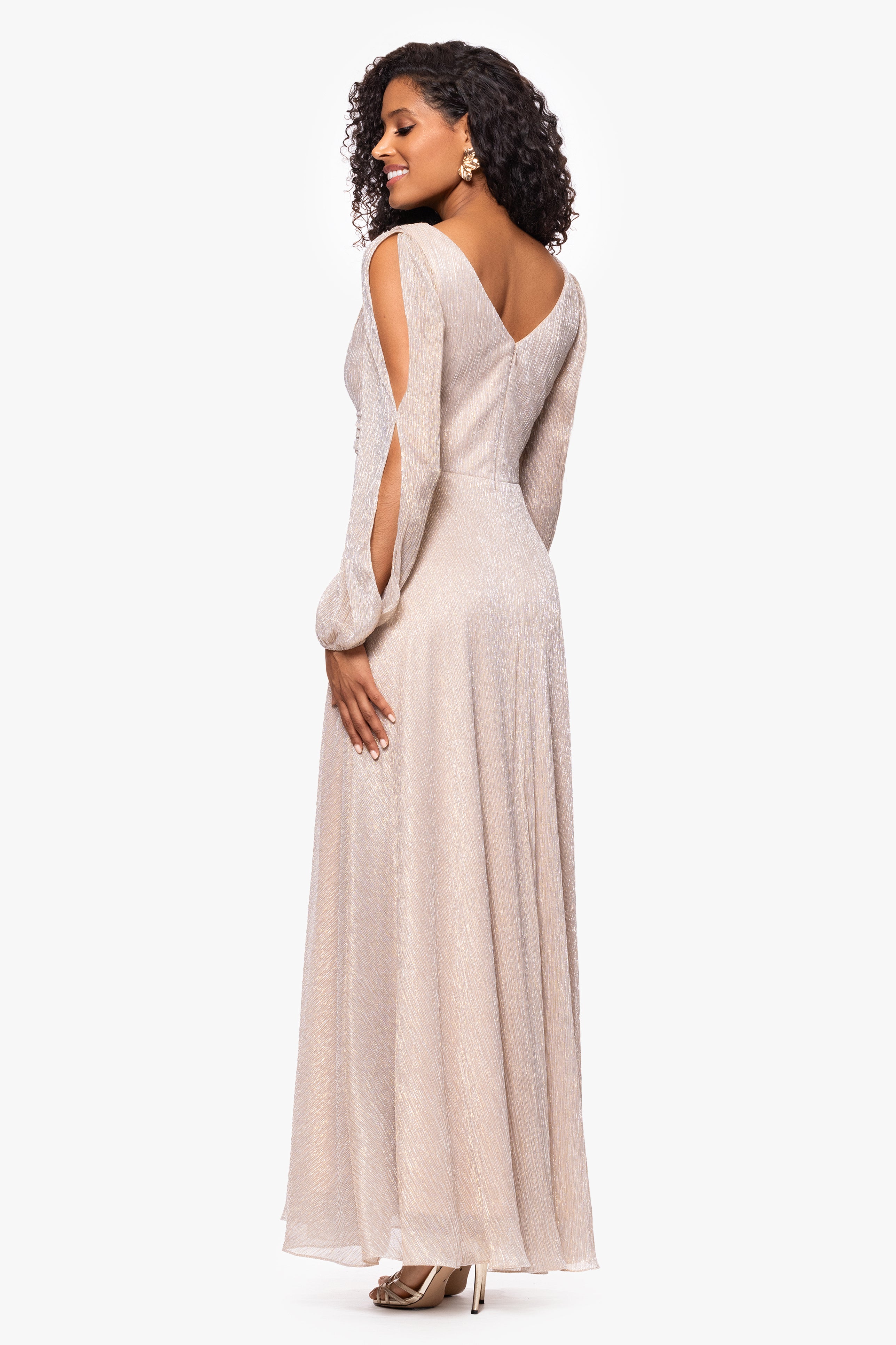 "Cheryl" Long Sleeve V Neck Metallic Knit Floor Length Dress