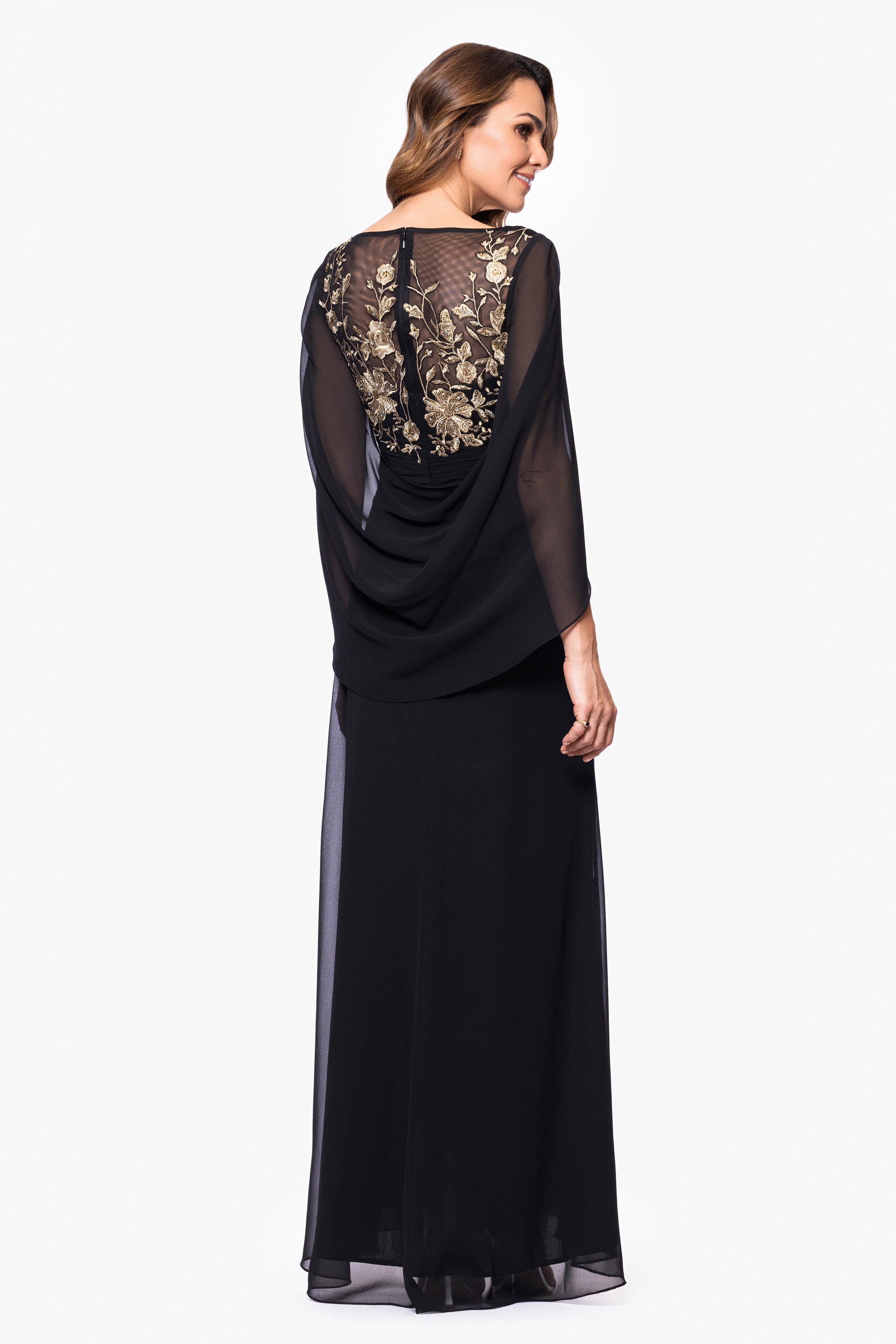 "Gloria" Long Sheer Matte Jersey Cape Back With Applique Dress