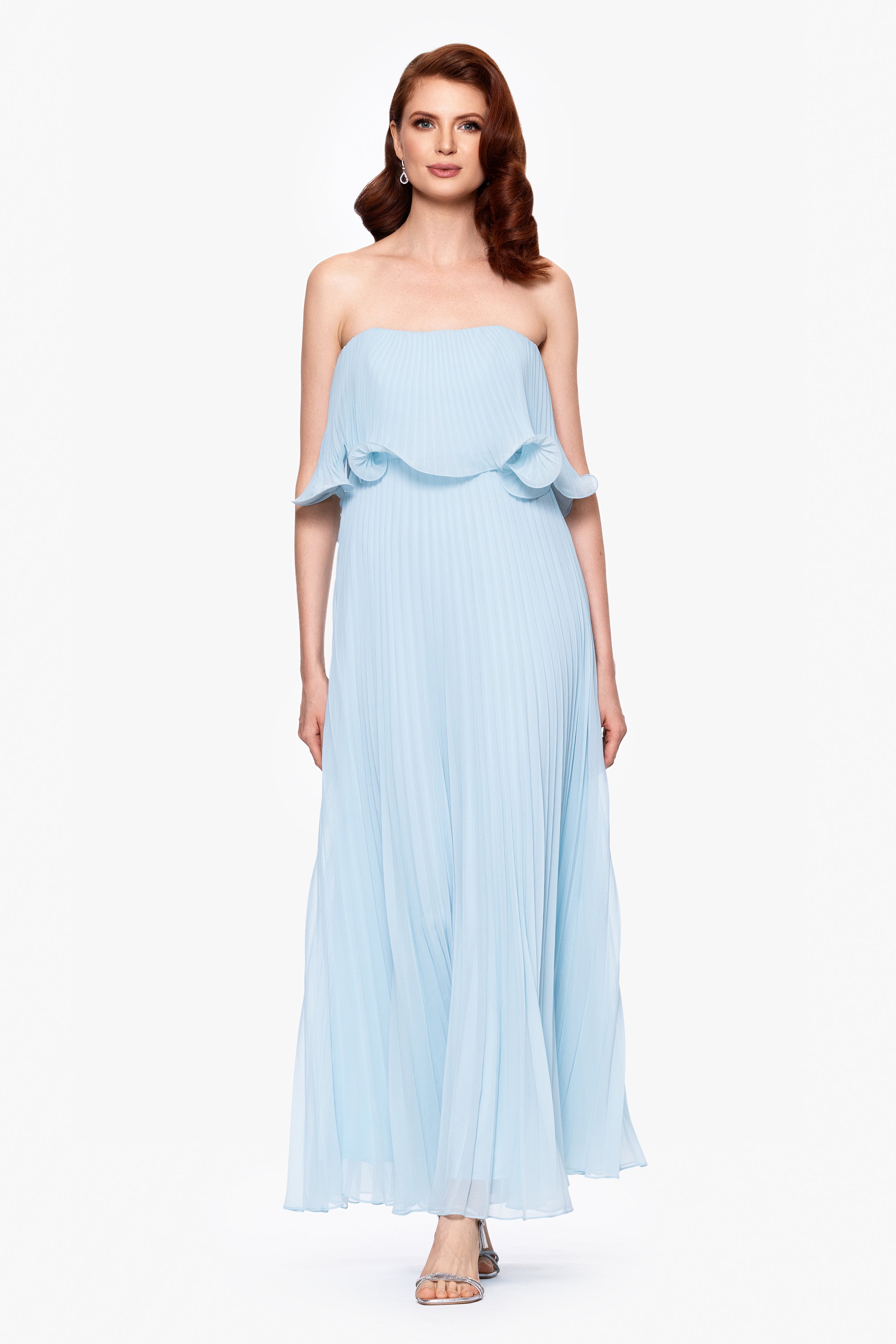 "Zoe" Strapless Chiffon Pleated Floor Length Dress