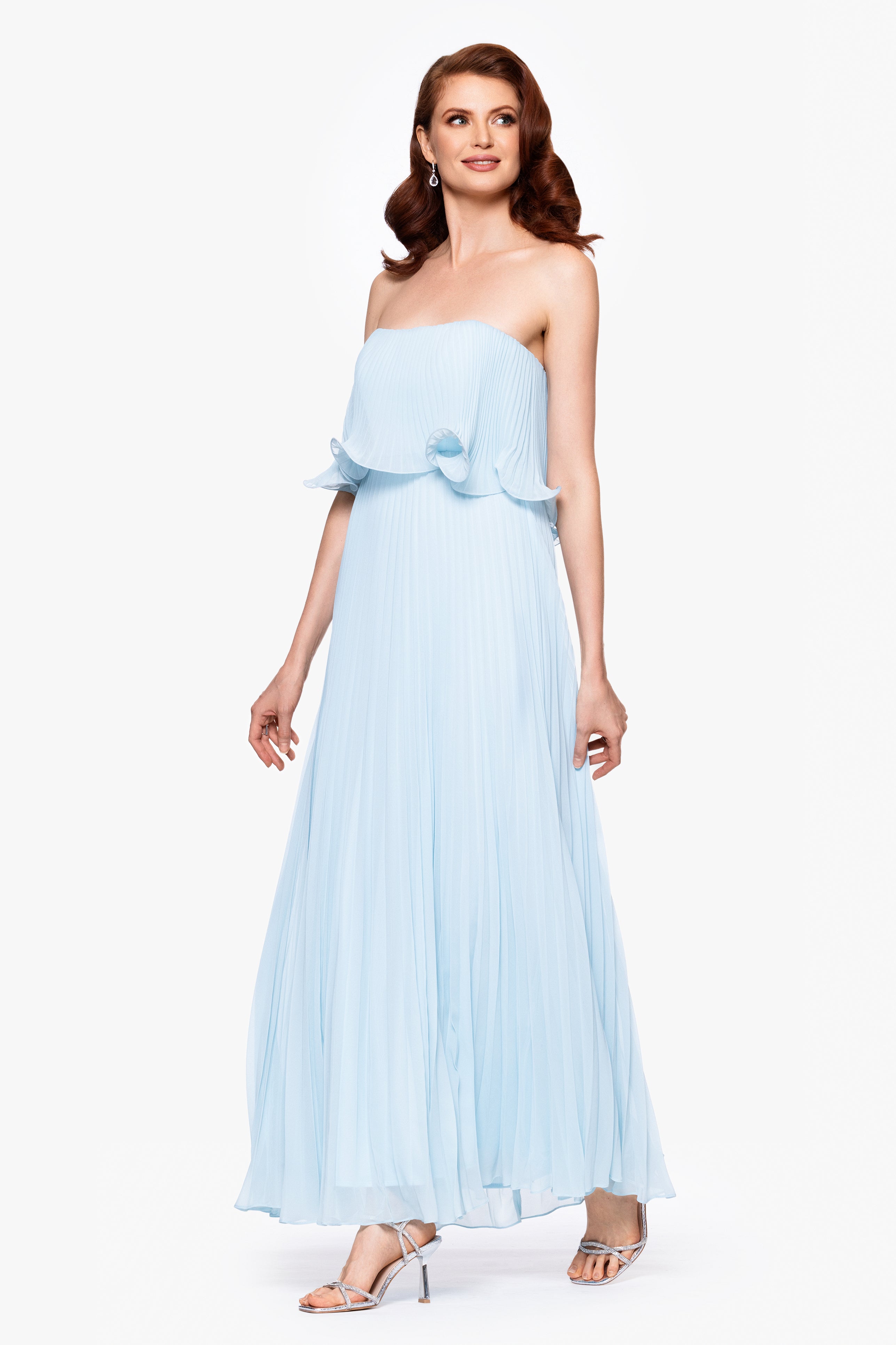 "Zoe" Strapless Chiffon Pleated Floor Length Dress