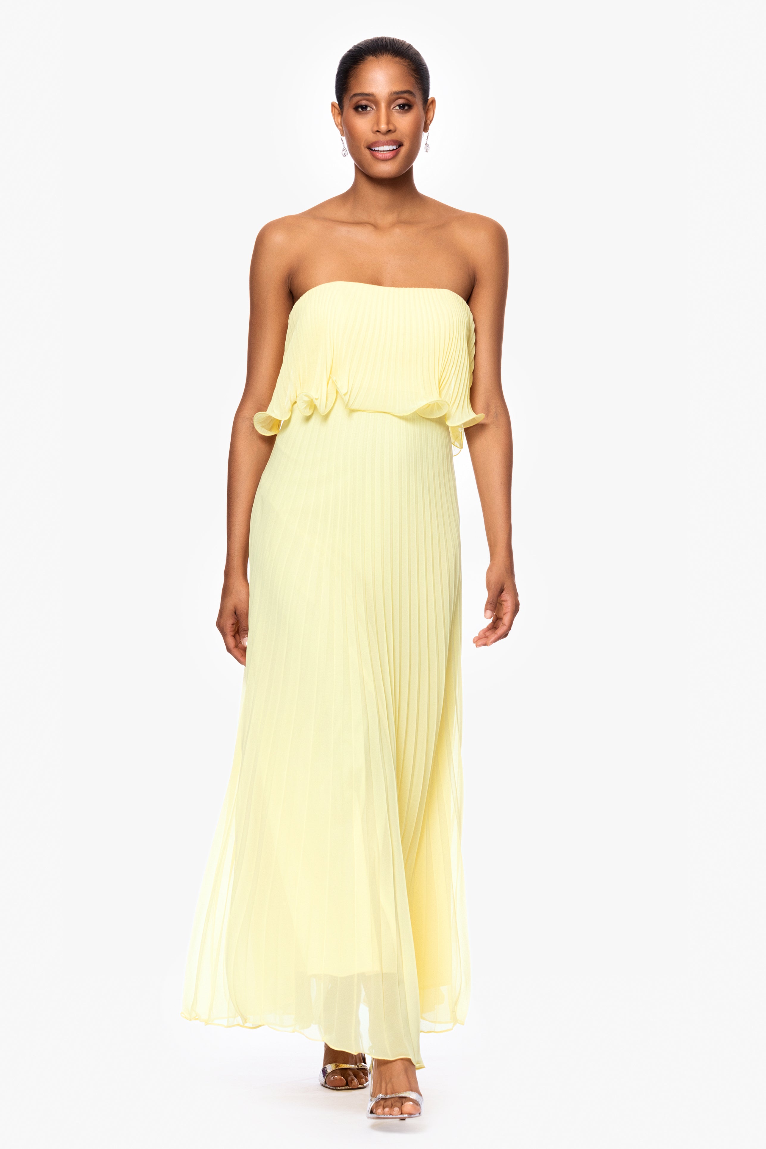 "Zoe" Strapless Chiffon Pleated Floor Length Dress