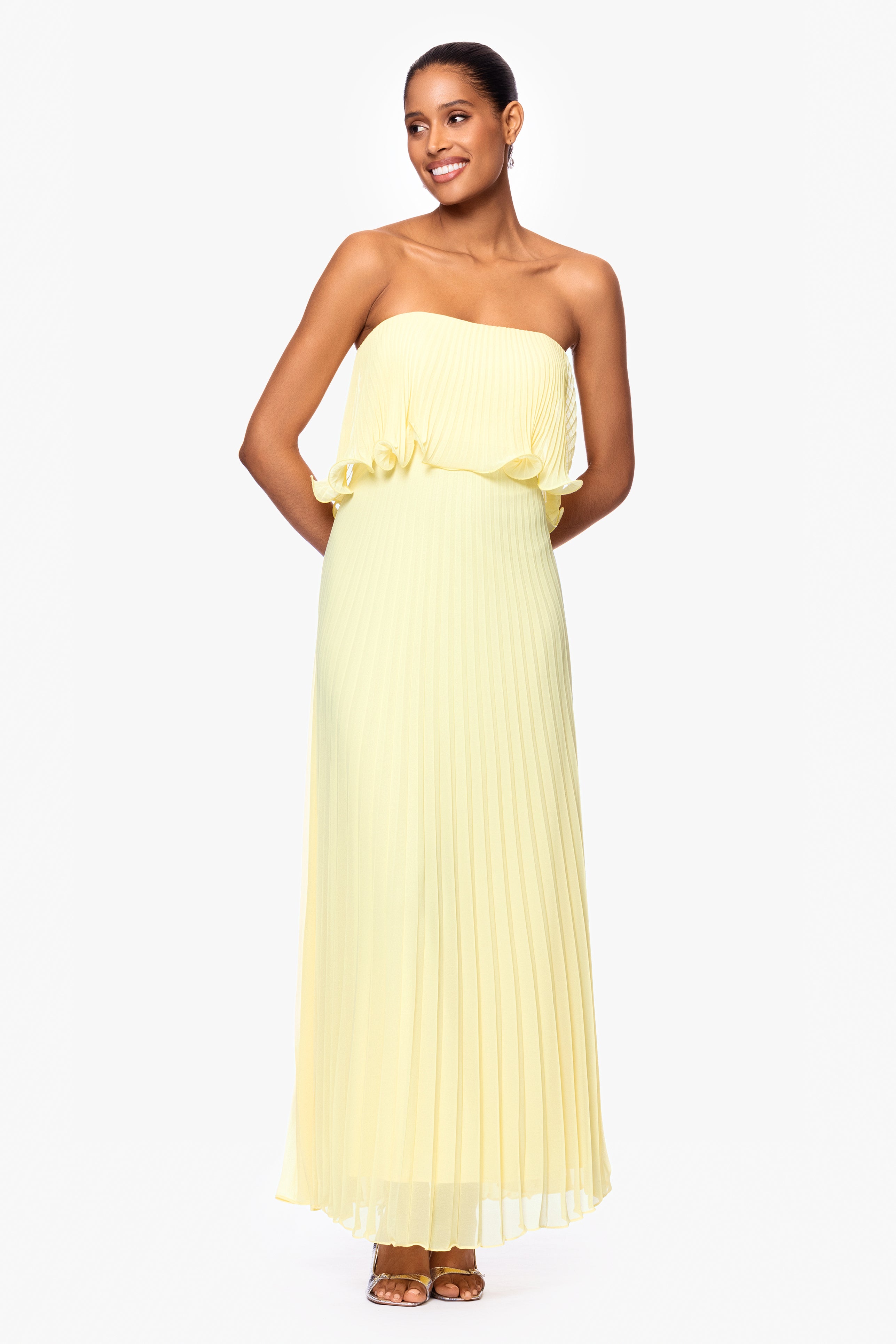 "Zoe" Strapless Chiffon Pleated Floor Length Dress