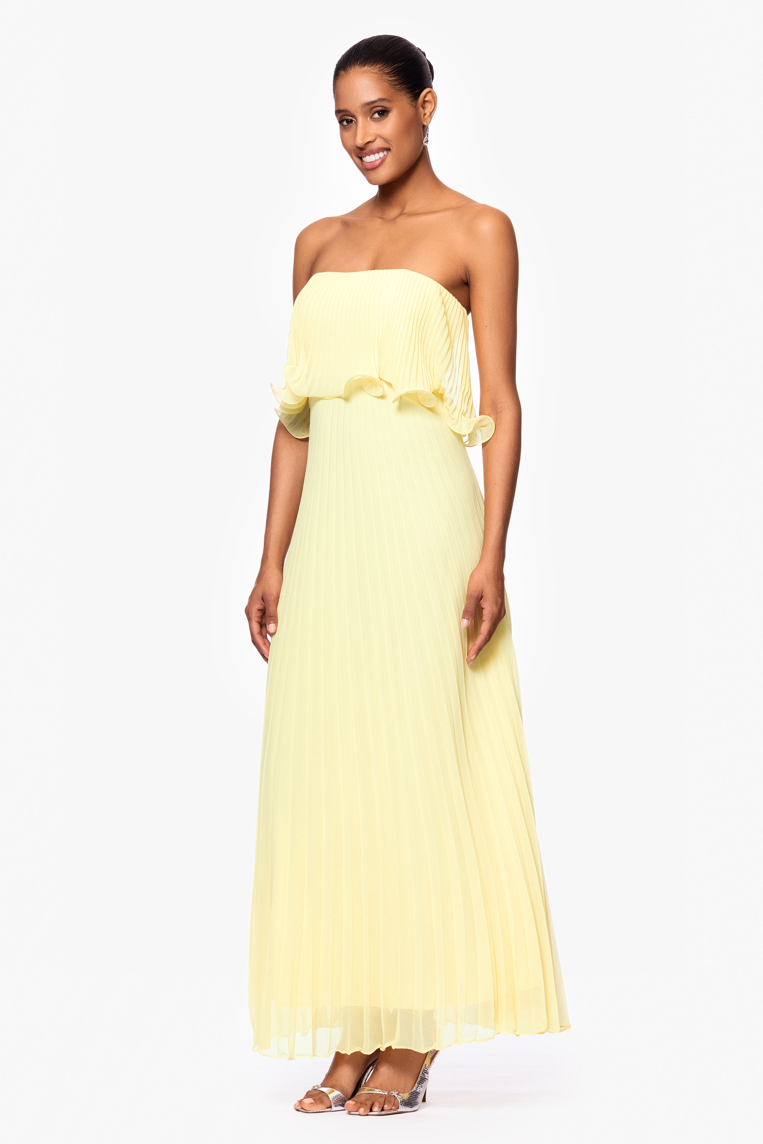 "Zoe" Strapless Chiffon Pleated Floor Length Dress