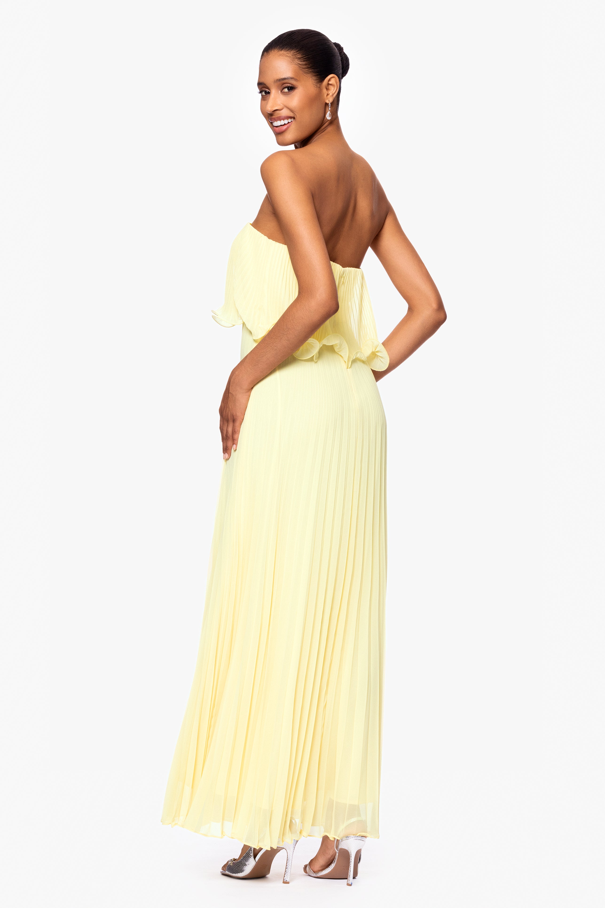 "Zoe" Strapless Chiffon Pleated Floor Length Dress