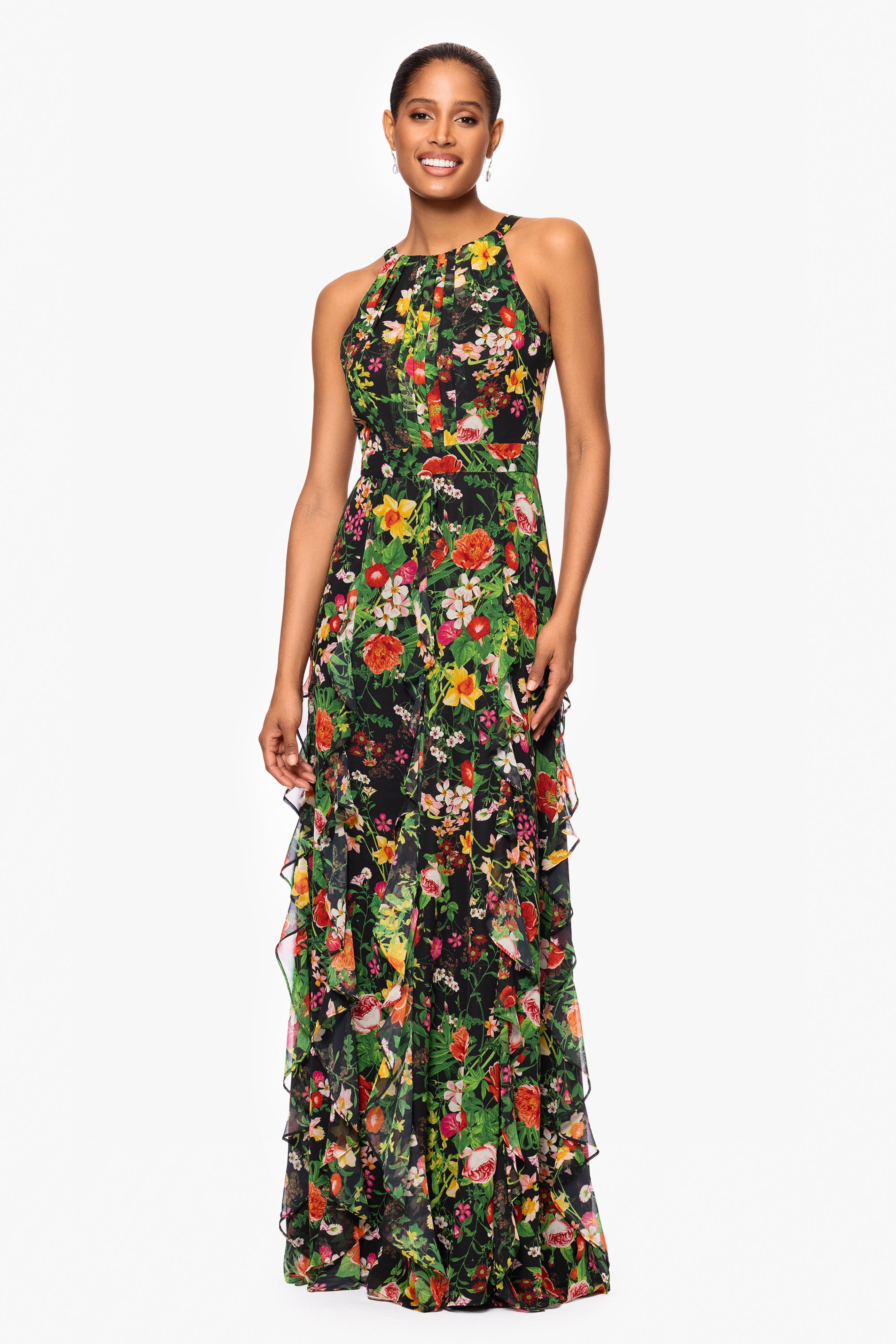 "Camille" Floral Print Chiffon Ruffle Floor Length Dress