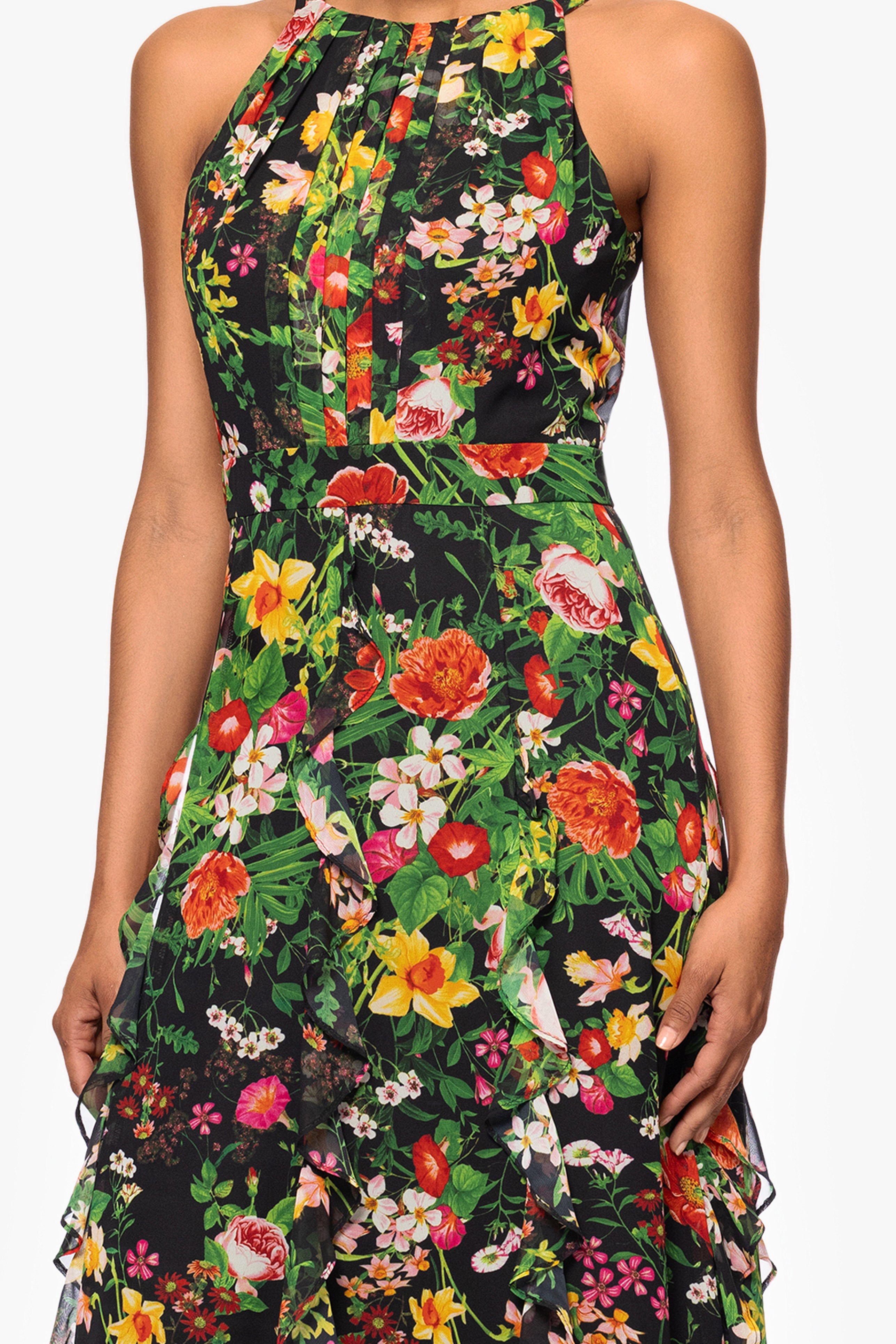 "Camille" Floral Print Chiffon Ruffle Floor Length Dress