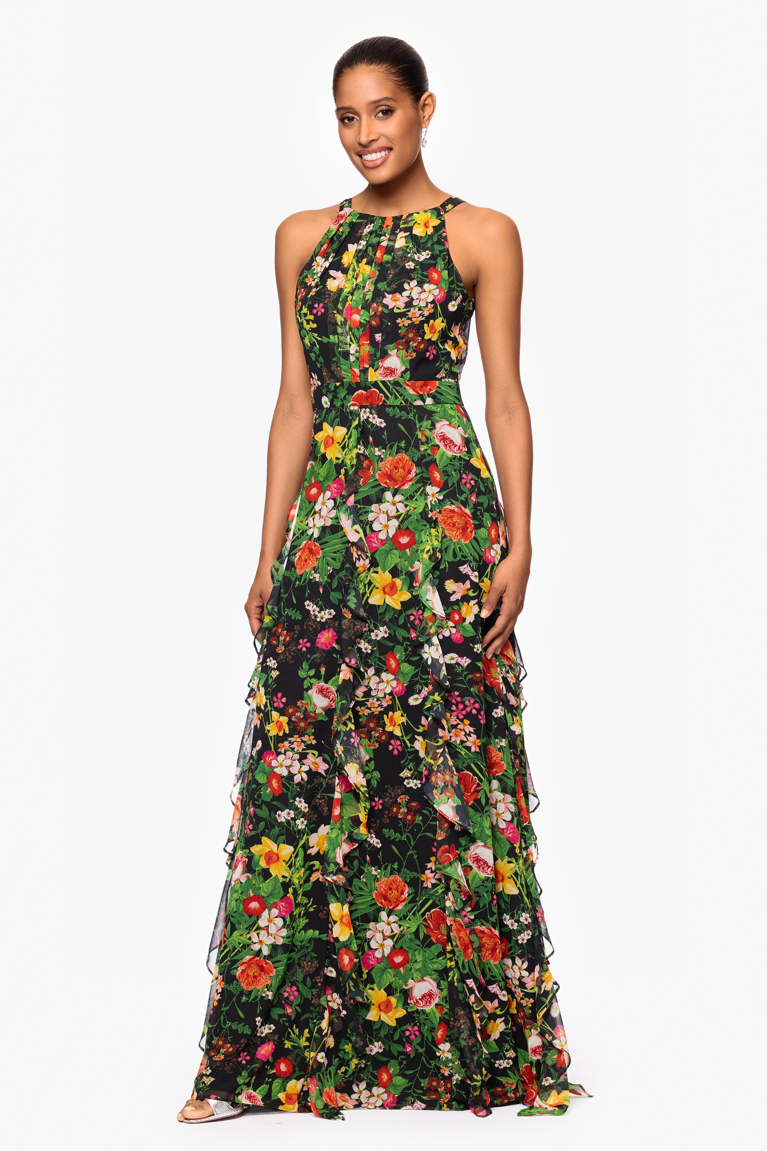 "Camille" Floral Print Chiffon Ruffle Floor Length Dress