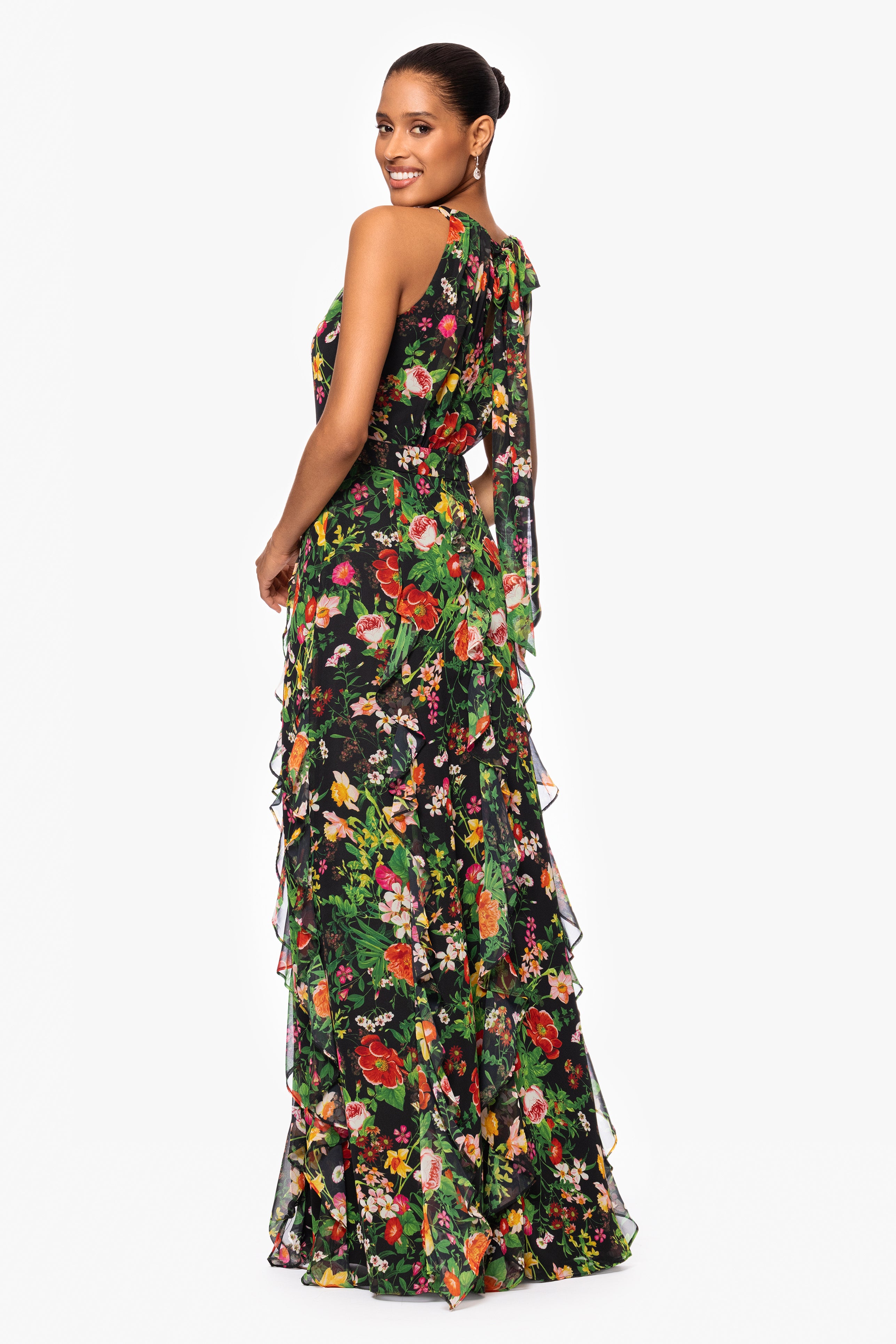 "Camille" Floral Print Chiffon Ruffle Floor Length Dress