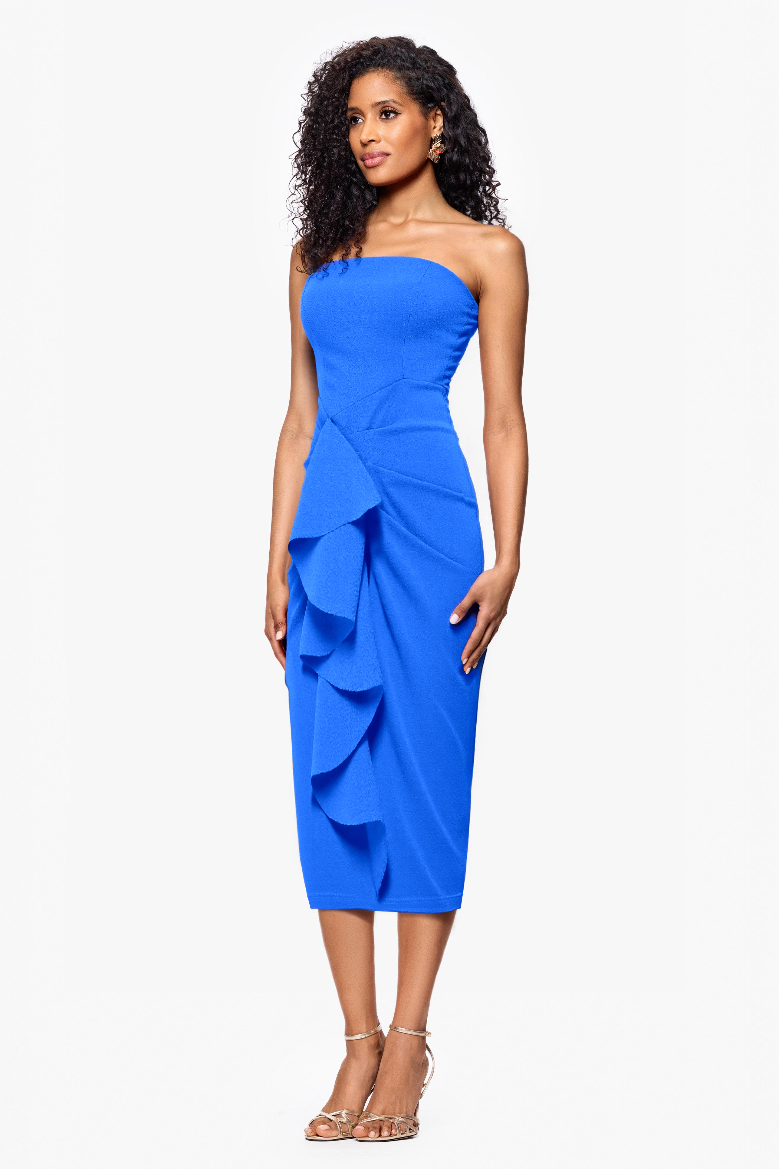 "Clover" Scuba Crepe Strapless Ruffle Midi Dress