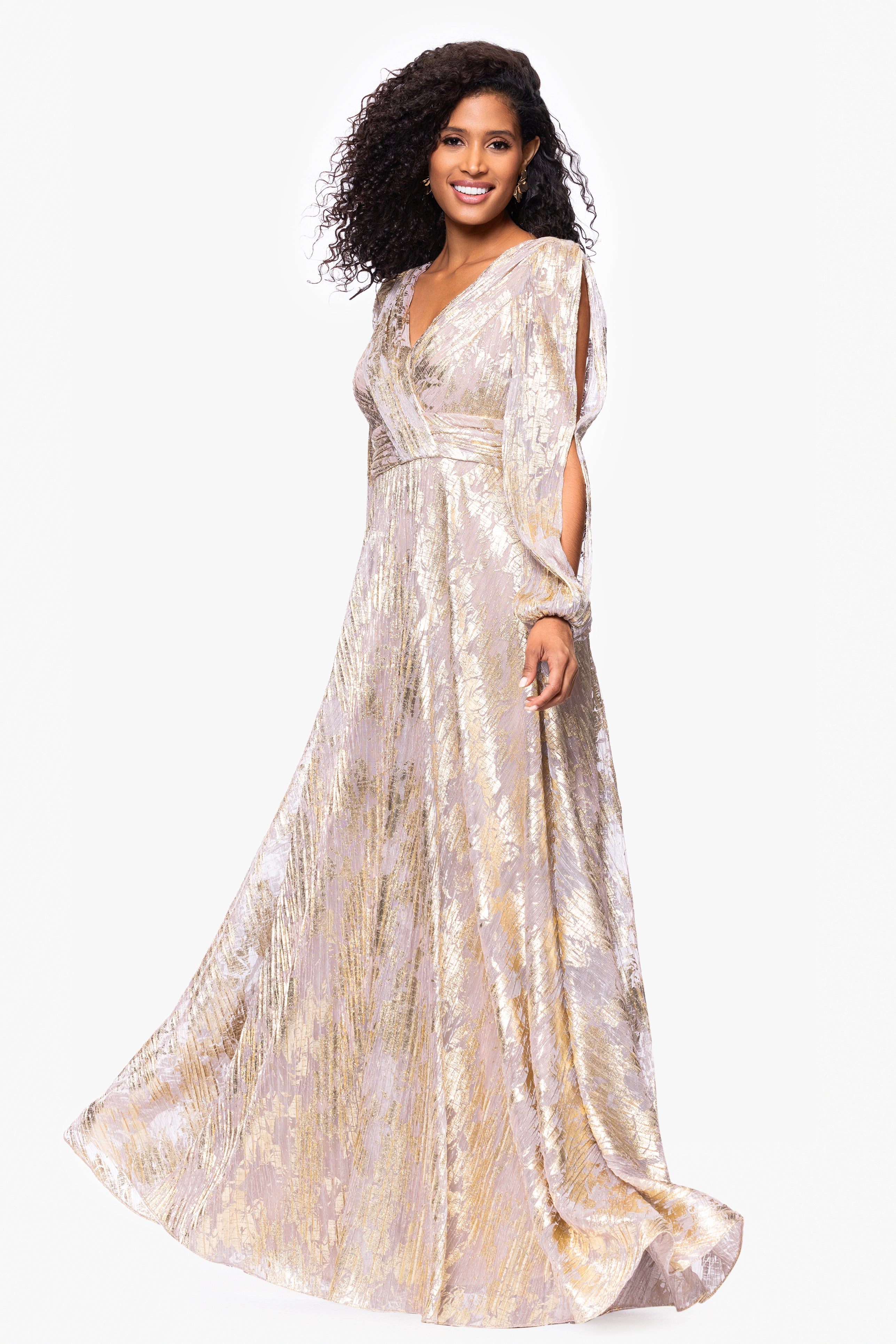 "Marla" Long Sleeve V Neck Metallic Knit Floor Length Dress