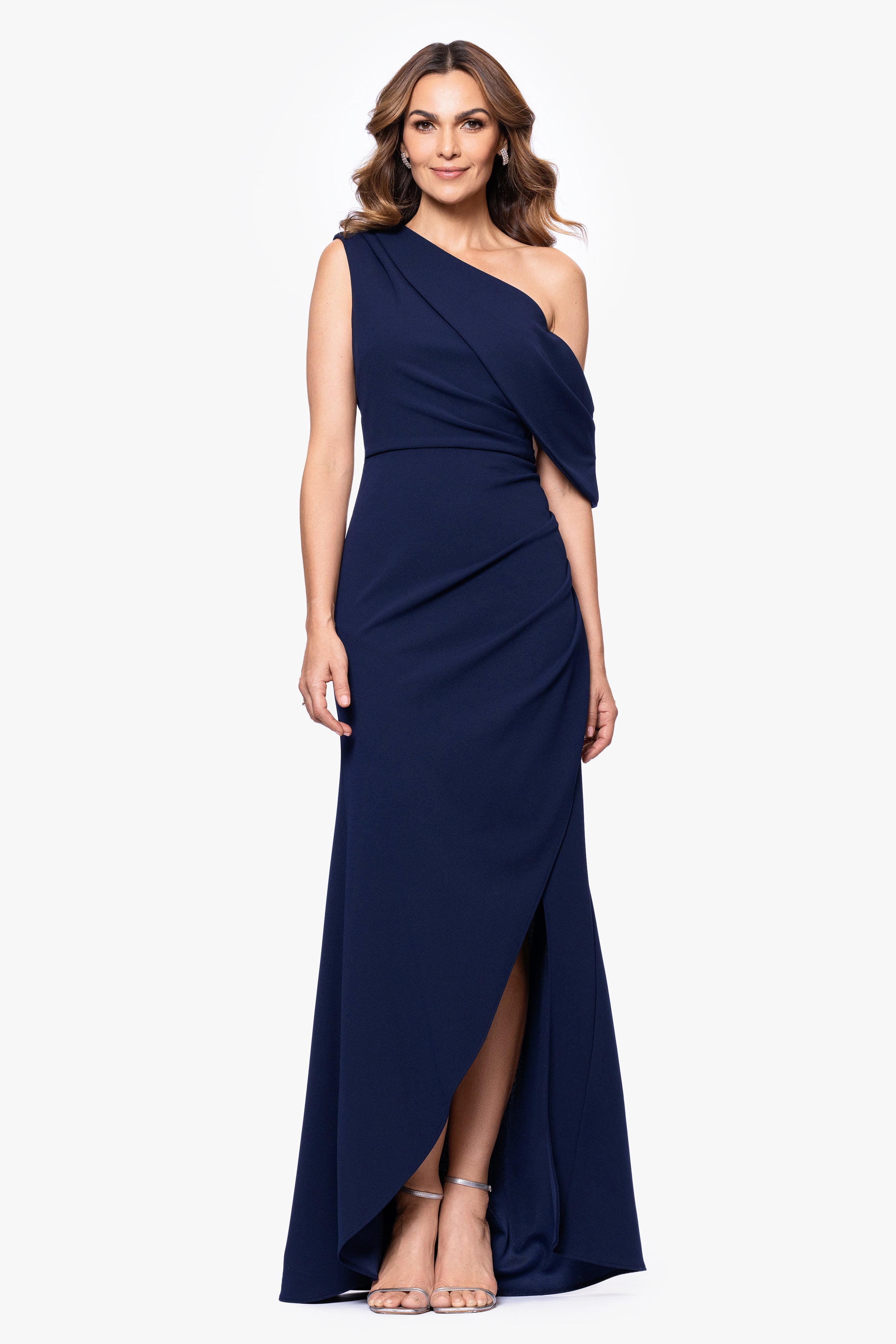 "Brooke" Drop Shoulder Scuba Crepe Floor Length Dress