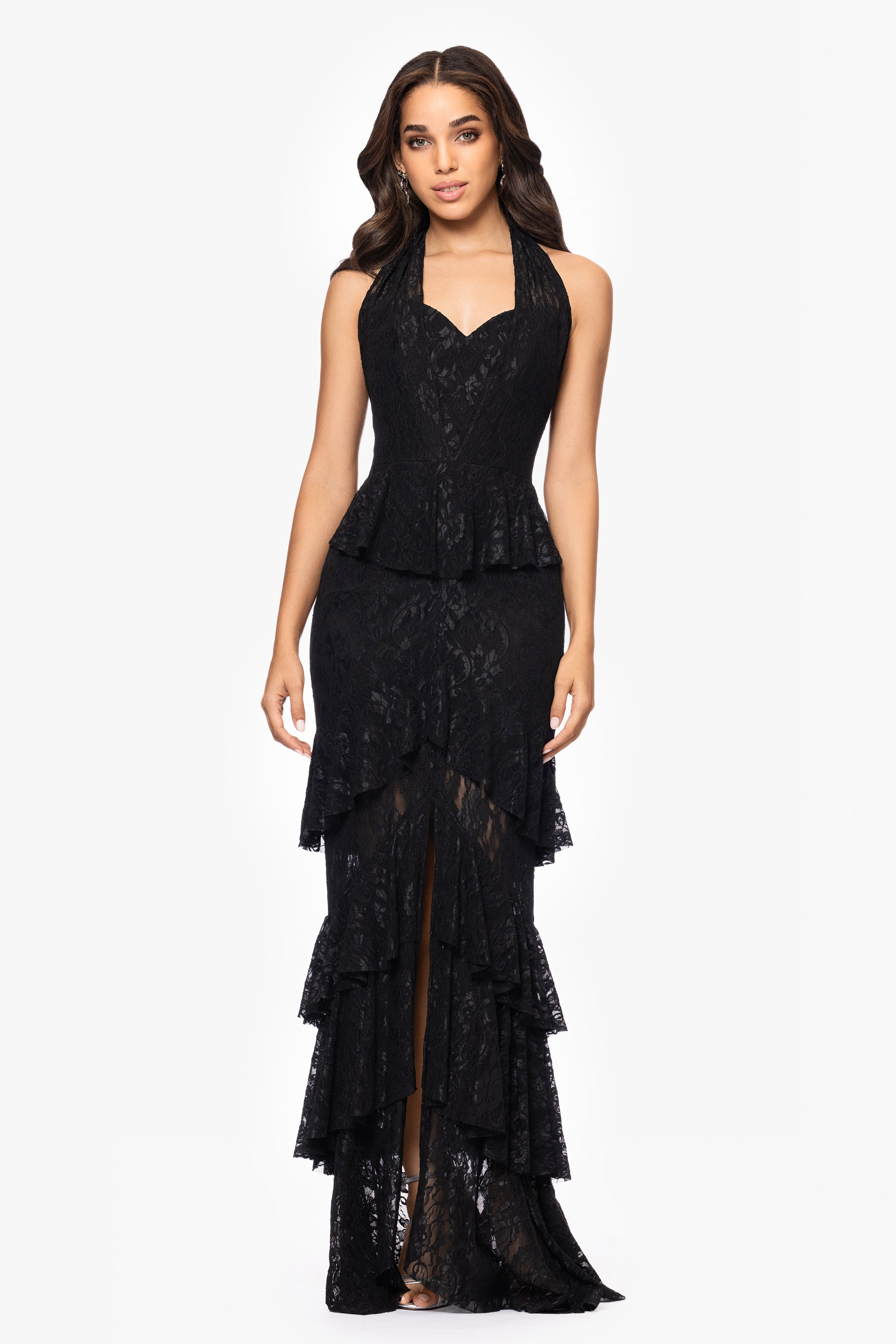 "Tilly" Lace Tiered Halter Tie Neck Floor Length Dress