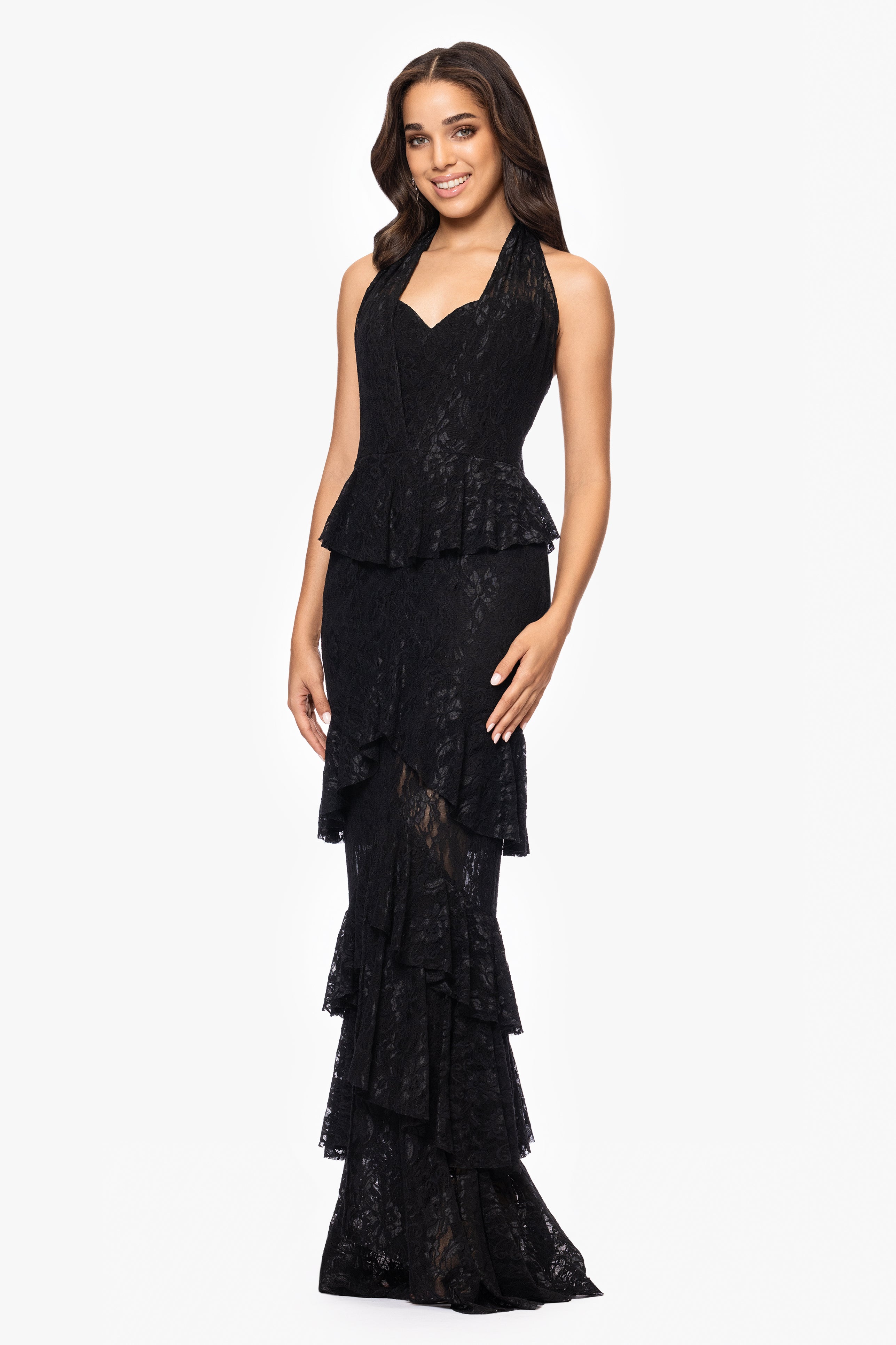 "Tilly" Lace Tiered Halter Tie Neck Floor Length Dress