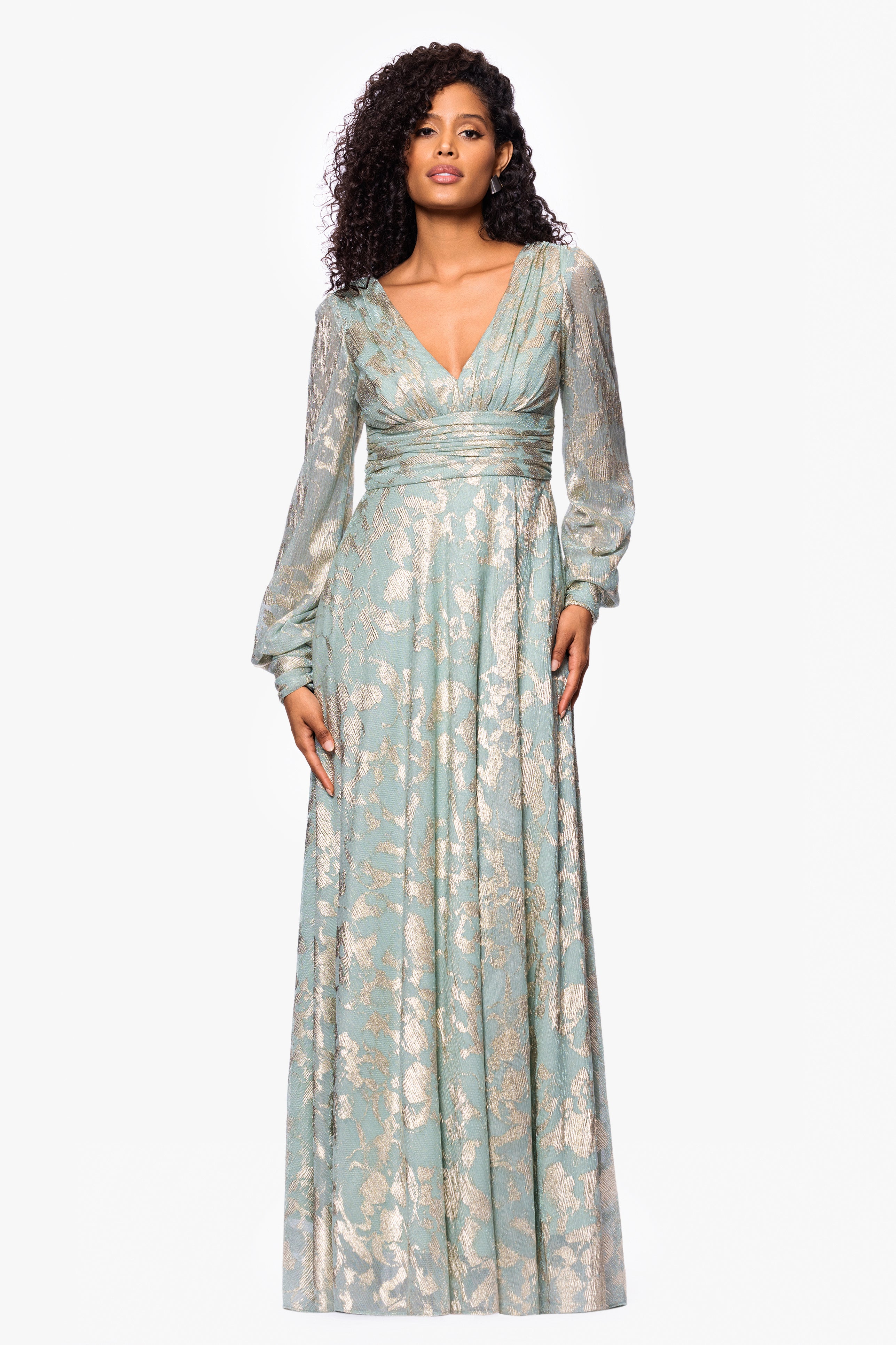 "Melanie" Foil Knit V-Neck Long Sleeve Floor Length Dress