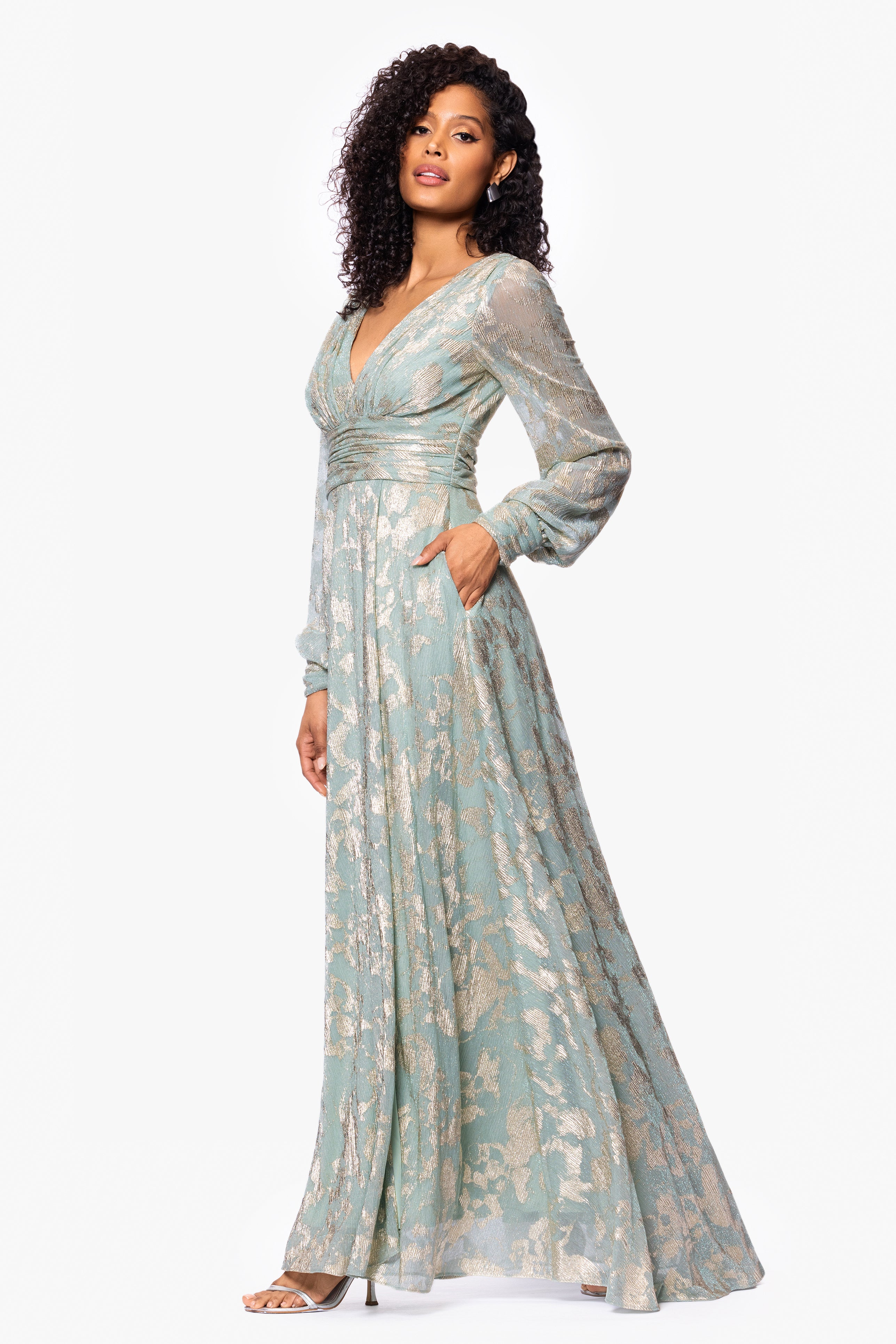 "Melanie" Foil Knit V-Neck Long Sleeve Floor Length Dress