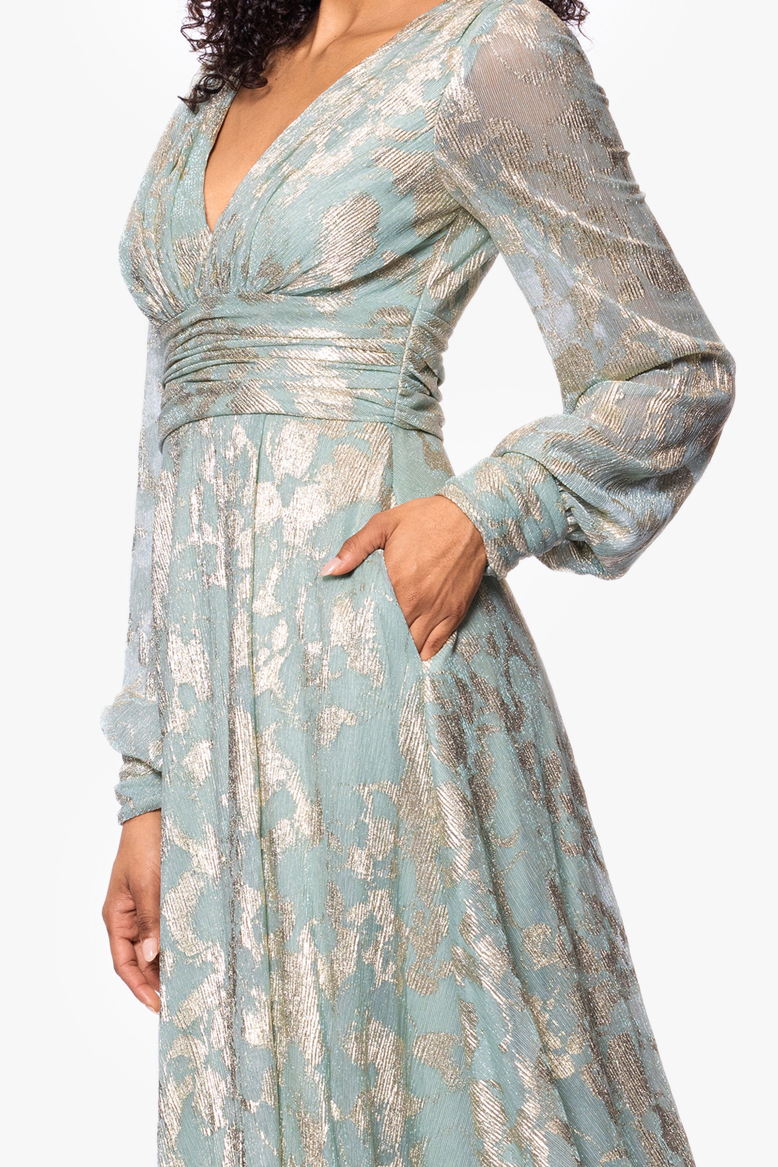 "Melanie" Foil Knit V-Neck Long Sleeve Floor Length Dress