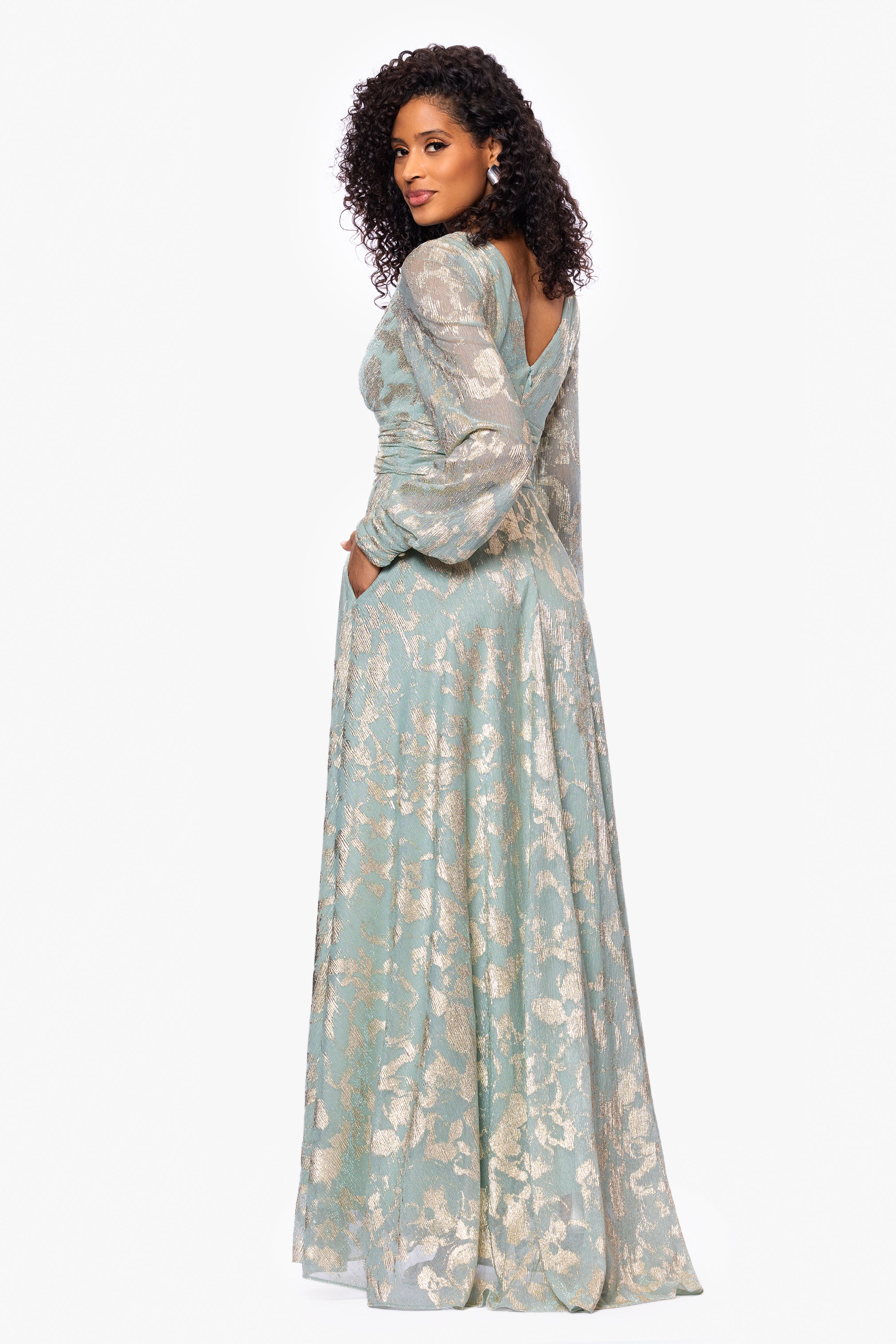 "Melanie" Foil Knit V-Neck Long Sleeve Floor Length Dress