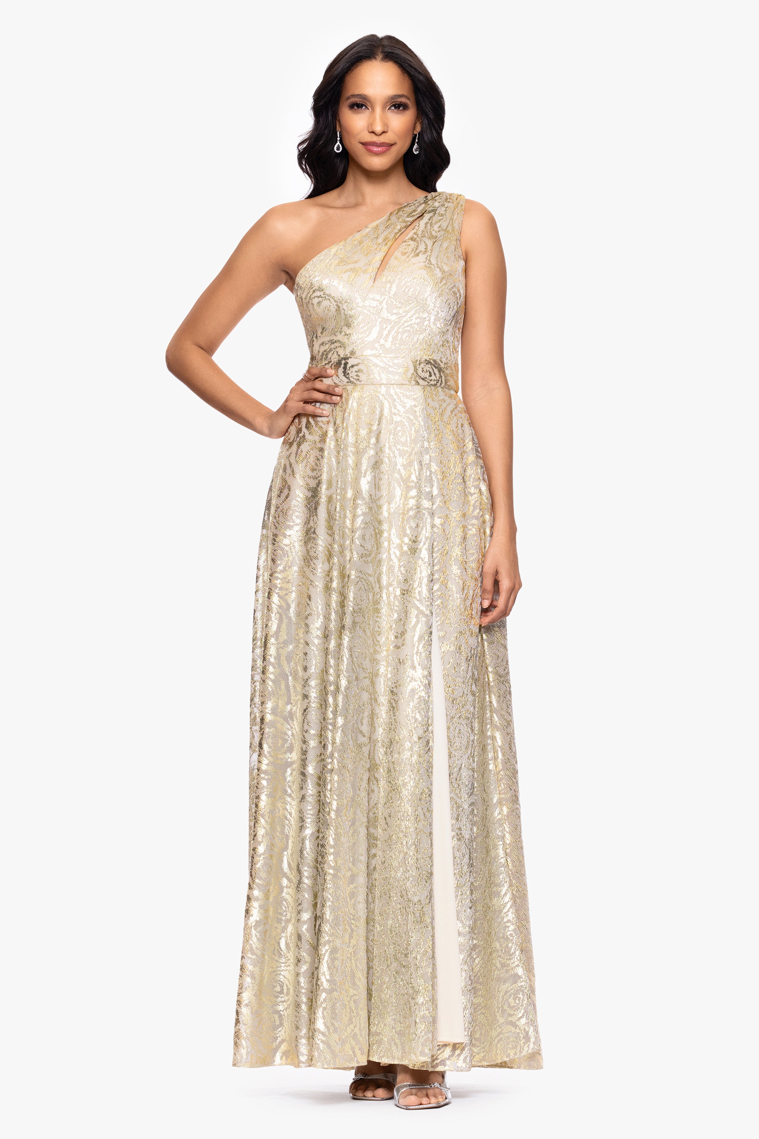 "Mariah" Metallic Foil Knit One Shoulder Floor Length Dress