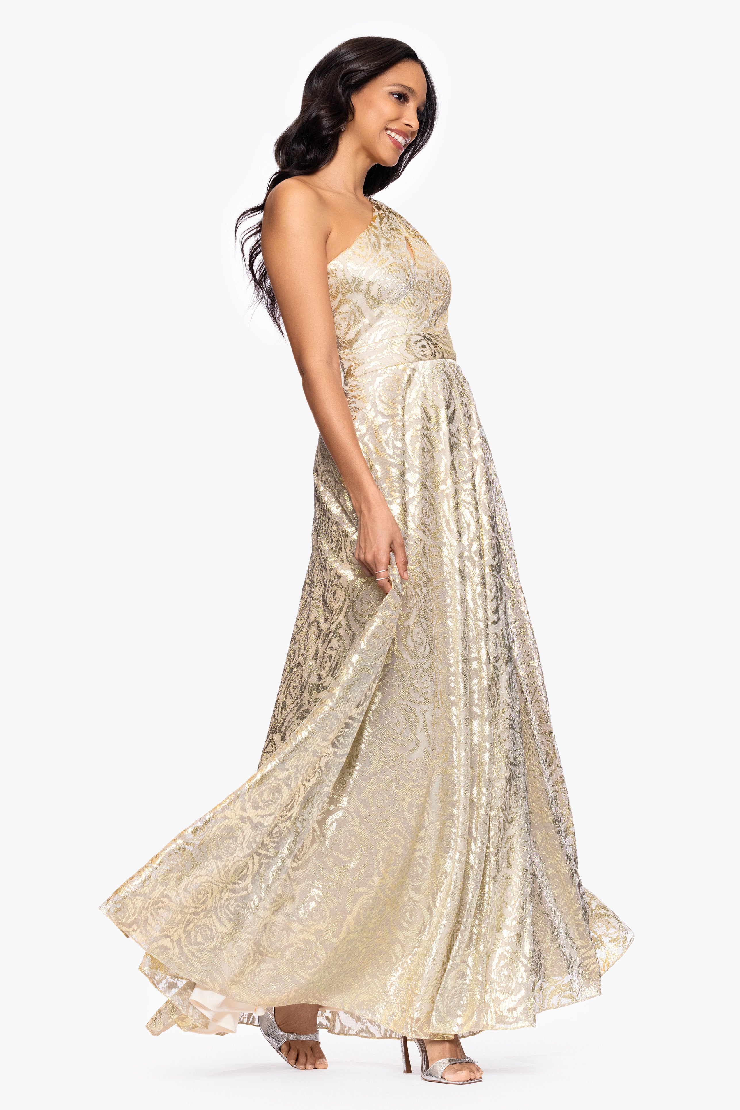 "Mariah" Metallic Foil Knit One Shoulder Floor Length Dress