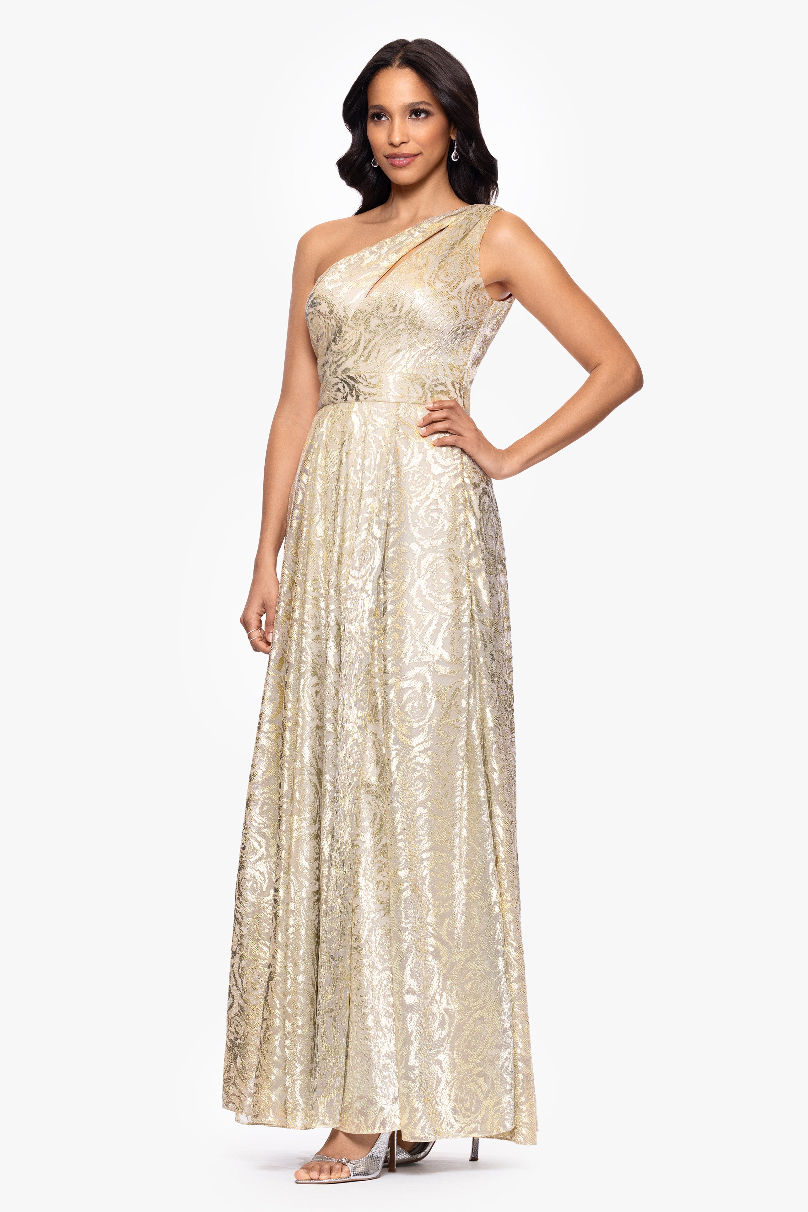 "Mariah" Metallic Foil Knit One Shoulder Floor Length Dress