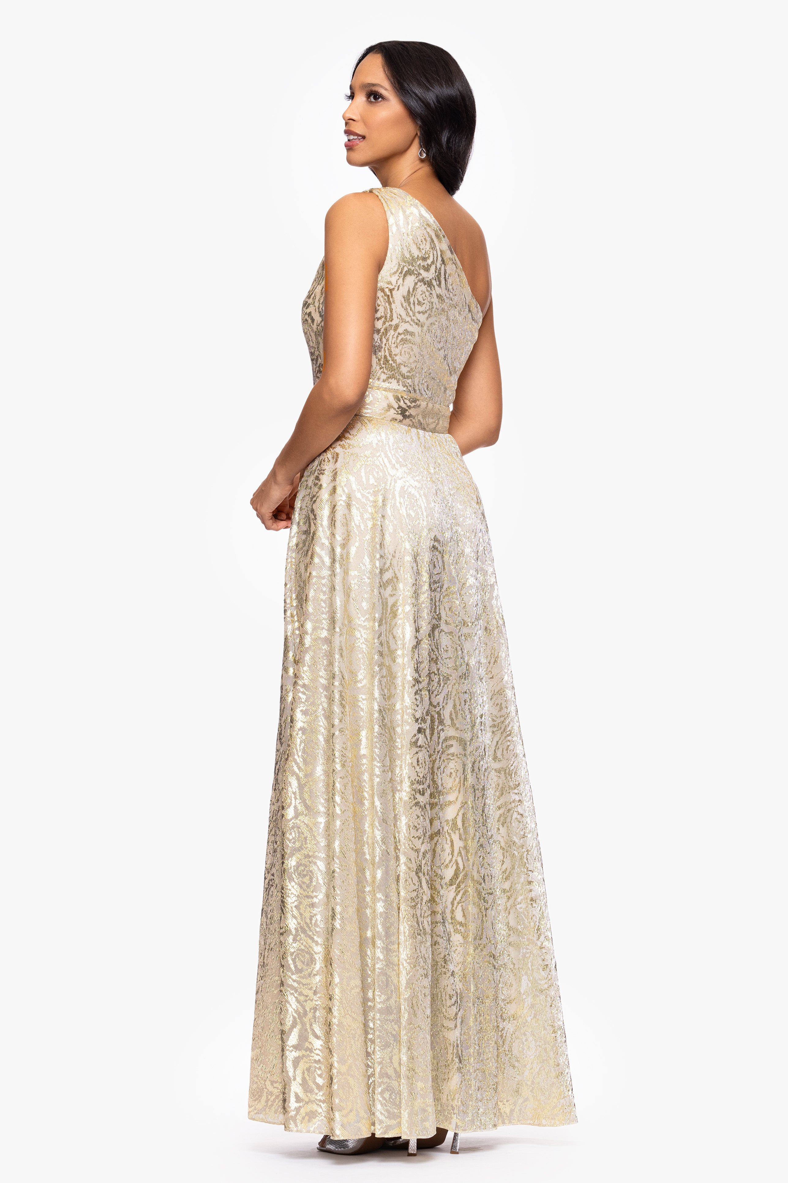 "Mariah" Metallic Foil Knit One Shoulder Floor Length Dress