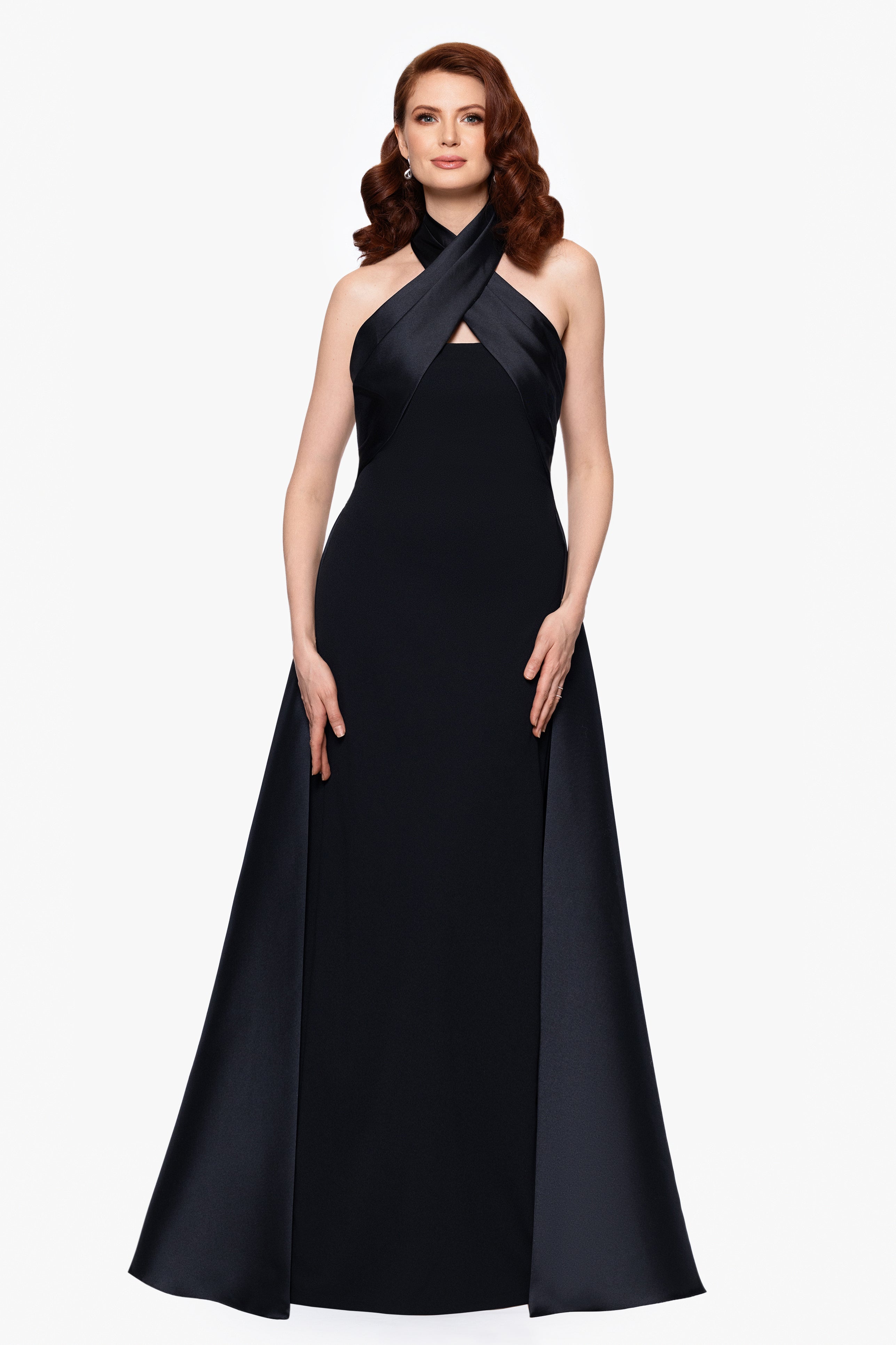 "Dina" Scuba Crepe Twist Halter Neck Floor Length Gown