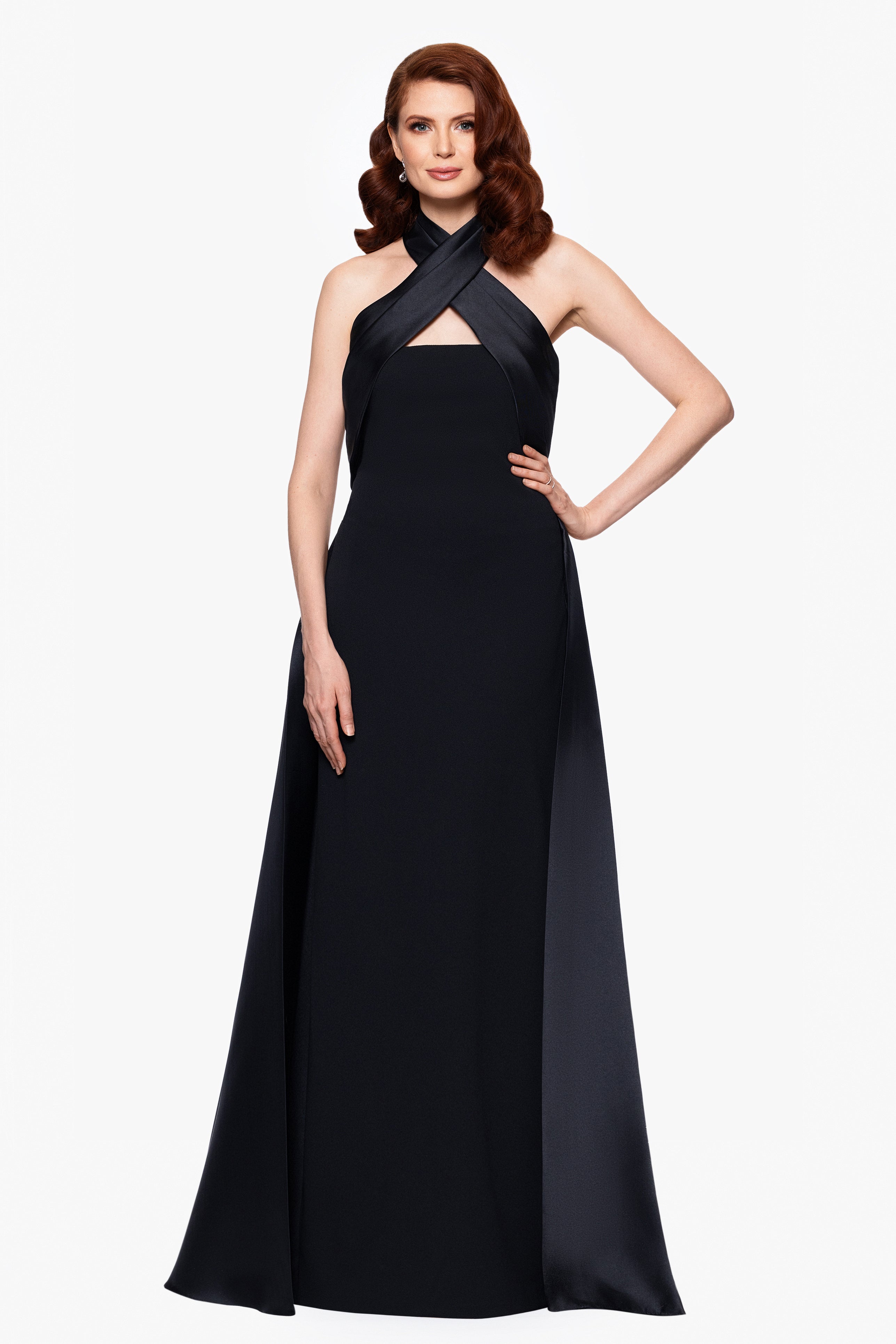 "Dina" Scuba Crepe Twist Halter Neck Floor Length Gown