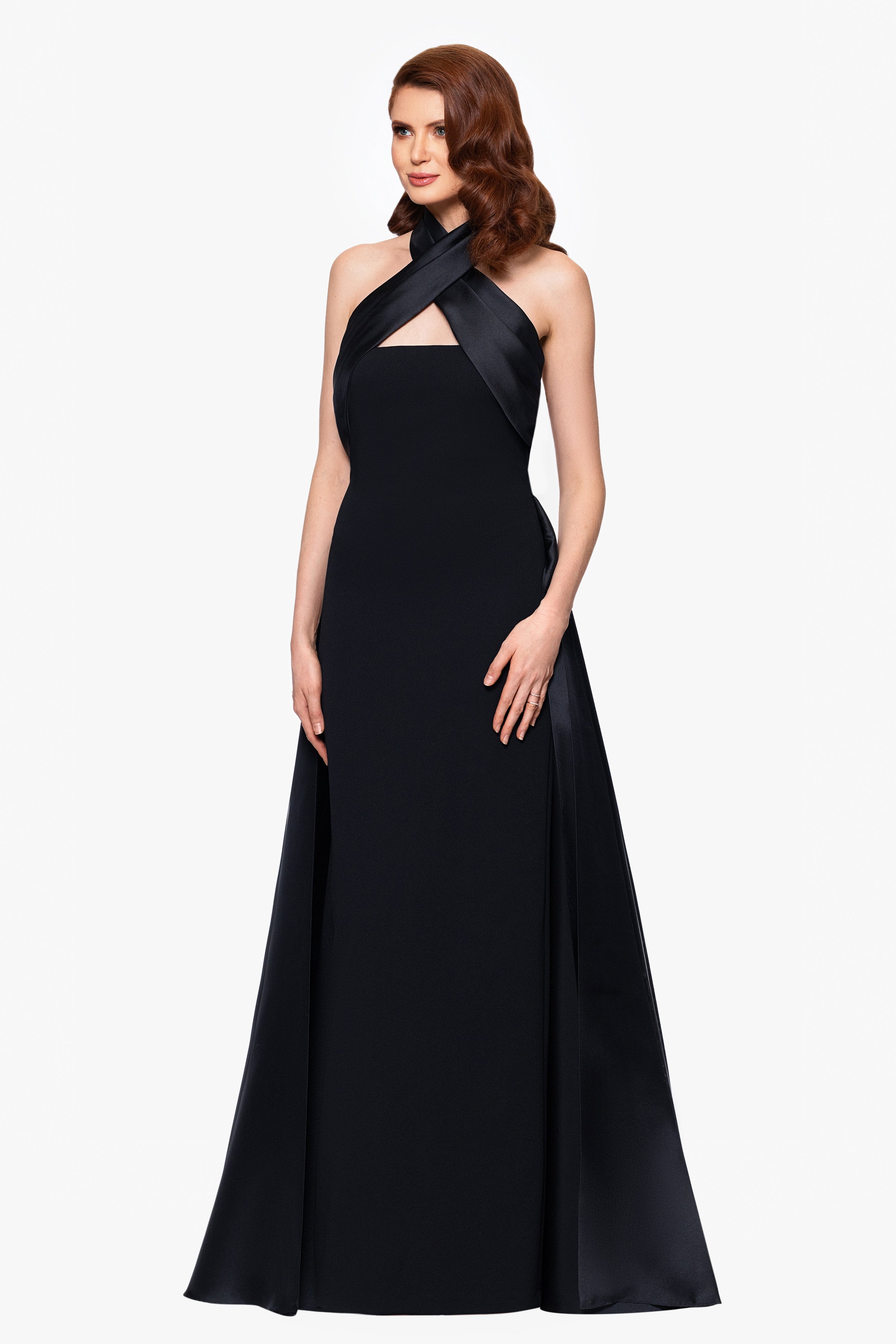 "Dina" Scuba Crepe Twist Halter Neck Floor Length Gown