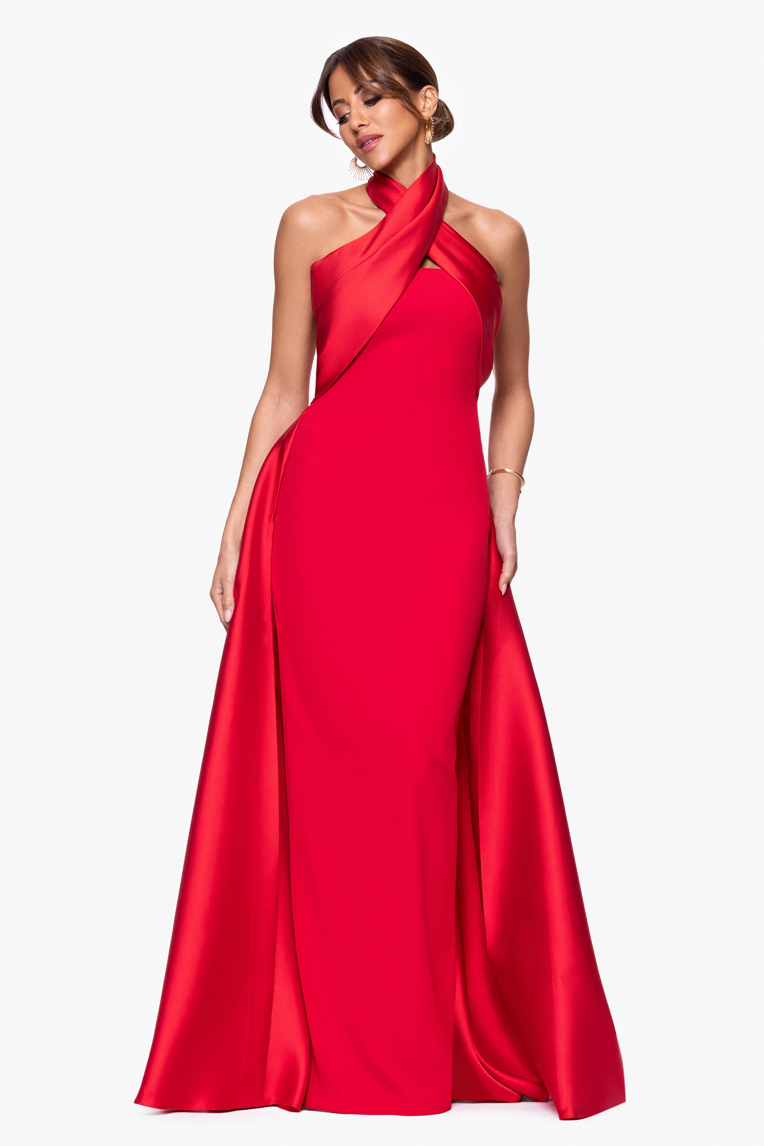 "Dina" Scuba Crepe Twist Halter Neck Floor Length Gown