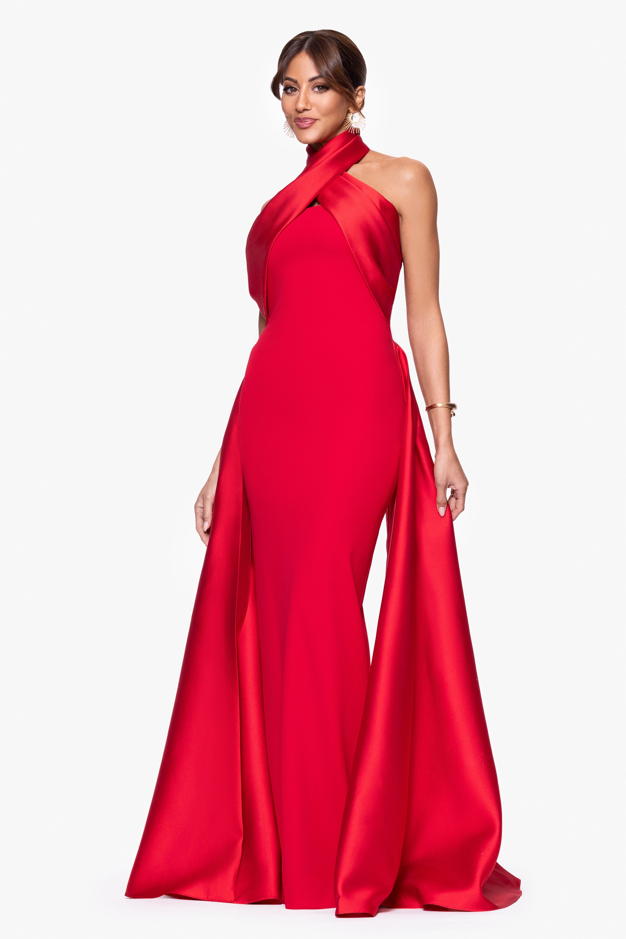 "Dina" Scuba Crepe Twist Halter Neck Floor Length Gown