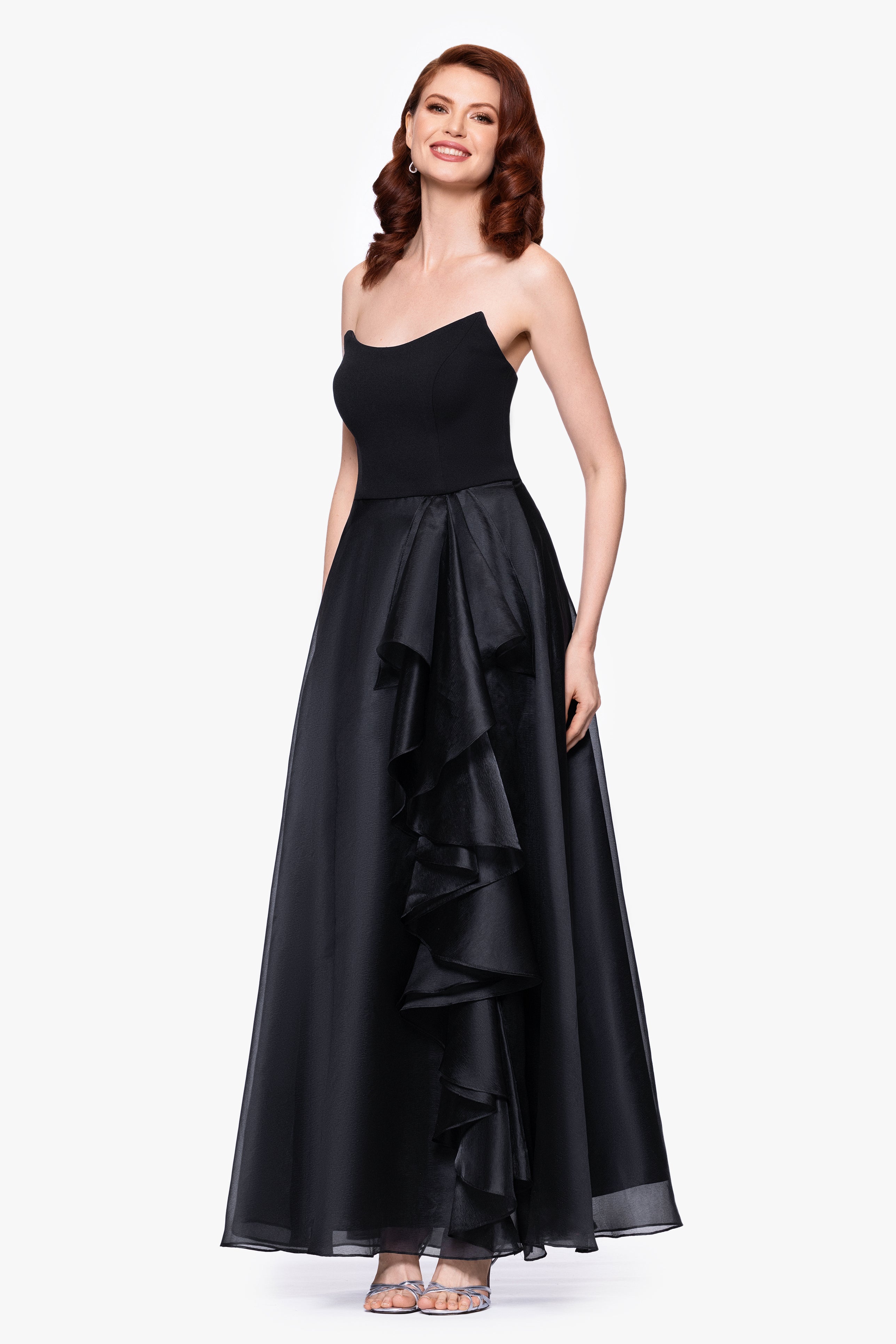 "Josephine" Scuba Crepe and Organza Floor Ruffle Floor Length Dress