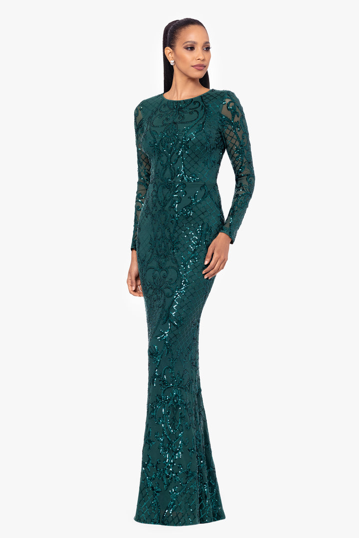 "Nara" Long Sleeve Sequin Placement Gown