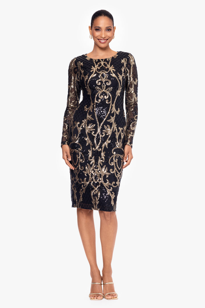 "Ruthie" Knee Length Sequin Pattern Long Sleeve Dress