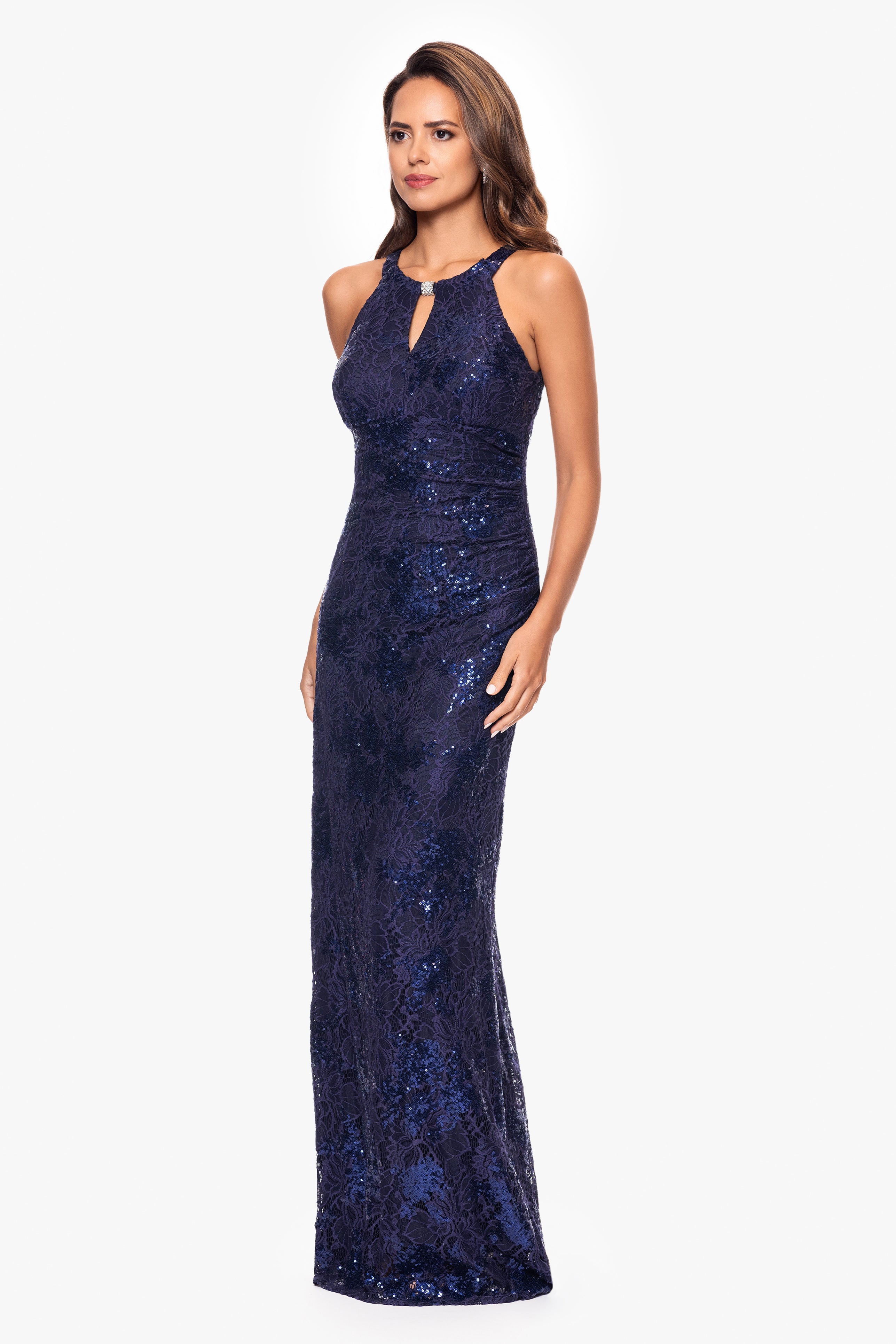 "Wilma" Sequin Lace Keyhole Neck Floor Length Dress