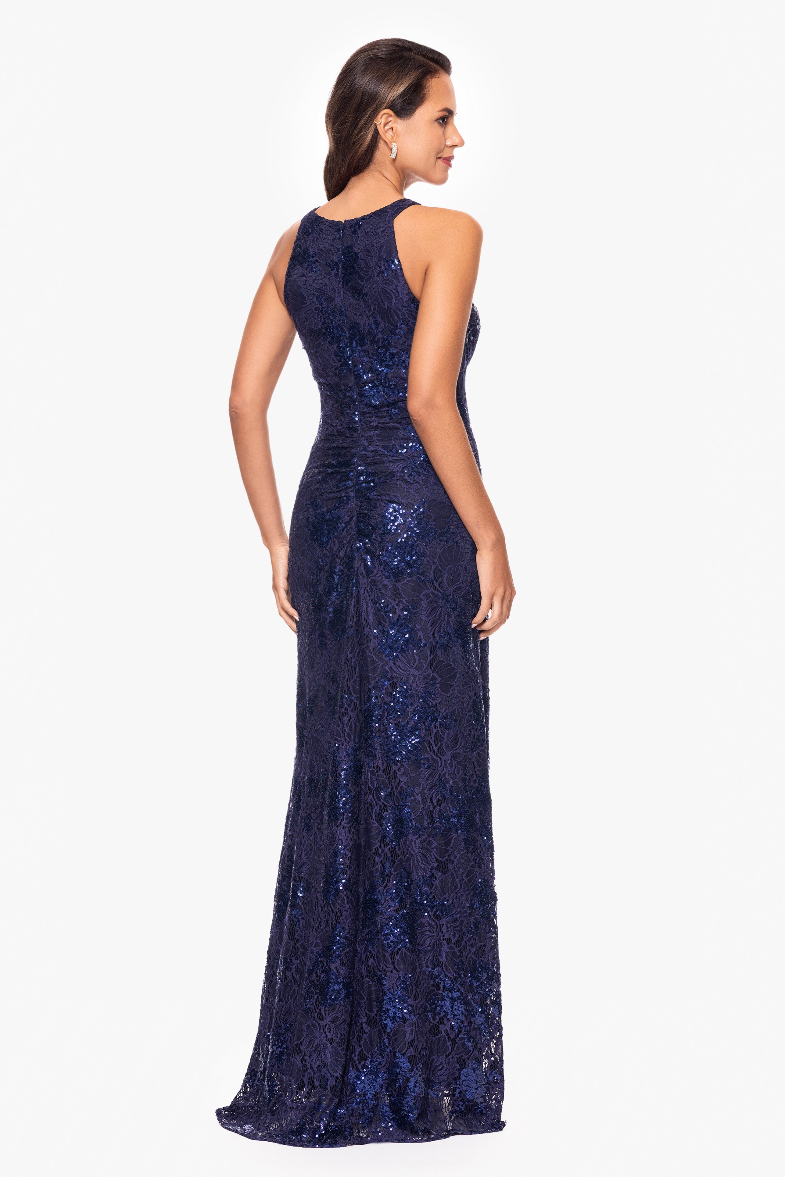 "Wilma" Sequin Lace Keyhole Neck Floor Length Dress