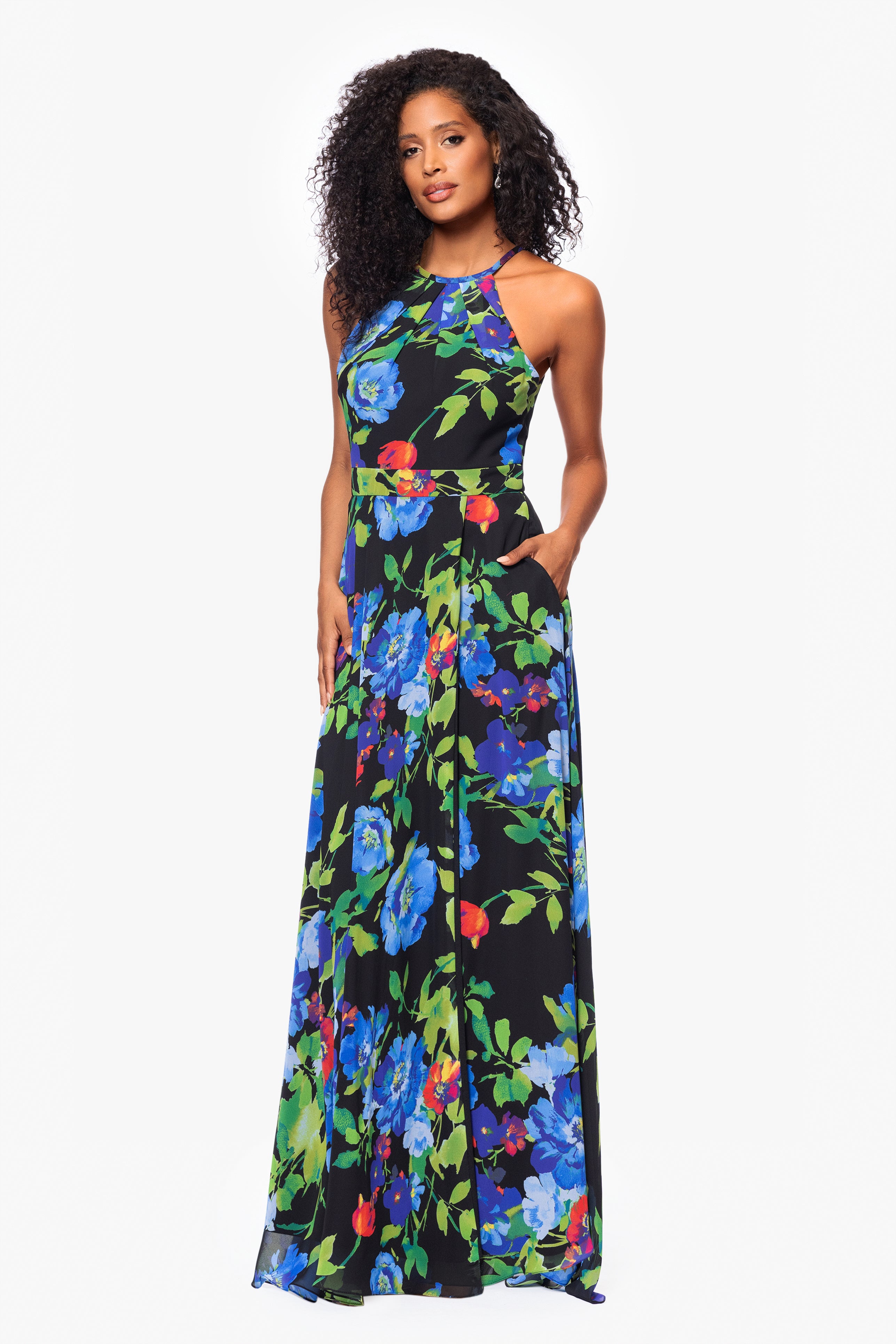 "Eleanora" Chiffon Print Halter Neck Floor Length Dress