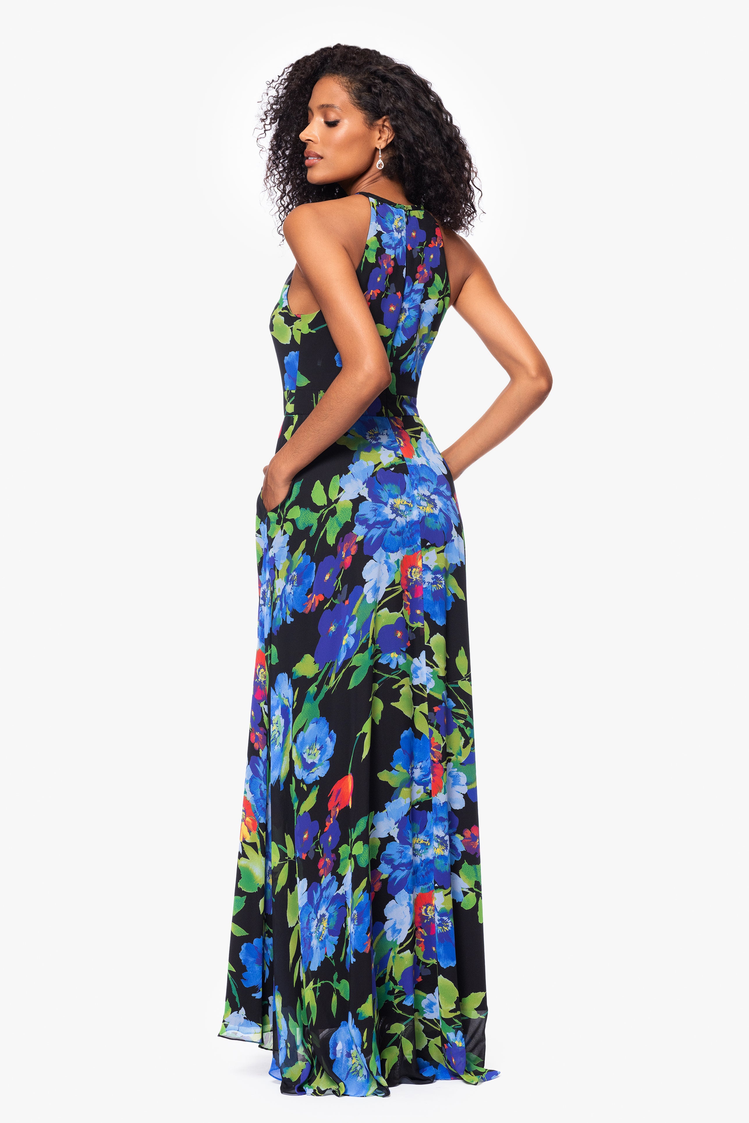 "Eleanora" Chiffon Print Halter Neck Floor Length Dress