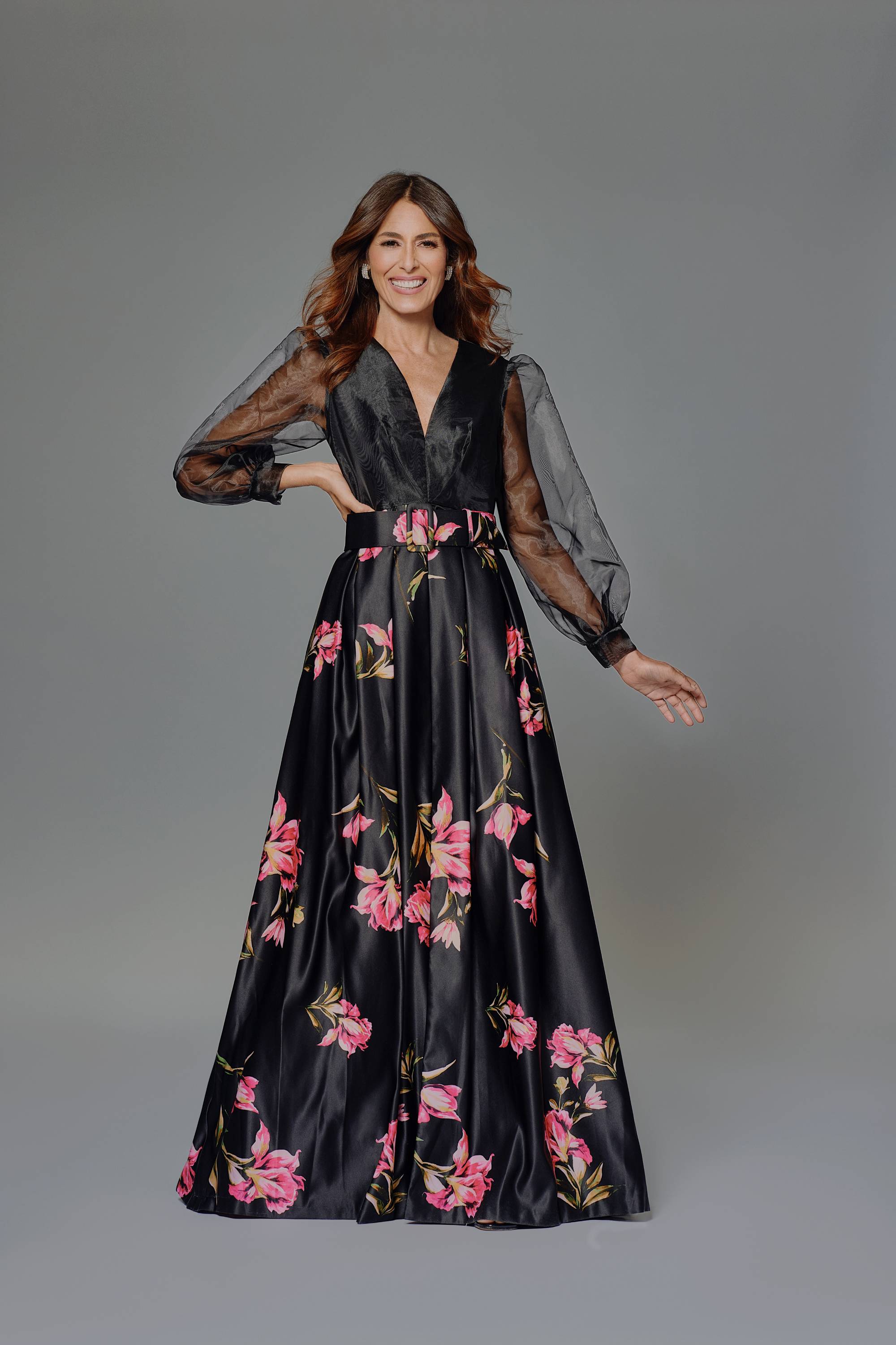 "Coraline" Long Sleeve Satin Print Floor Length Gown