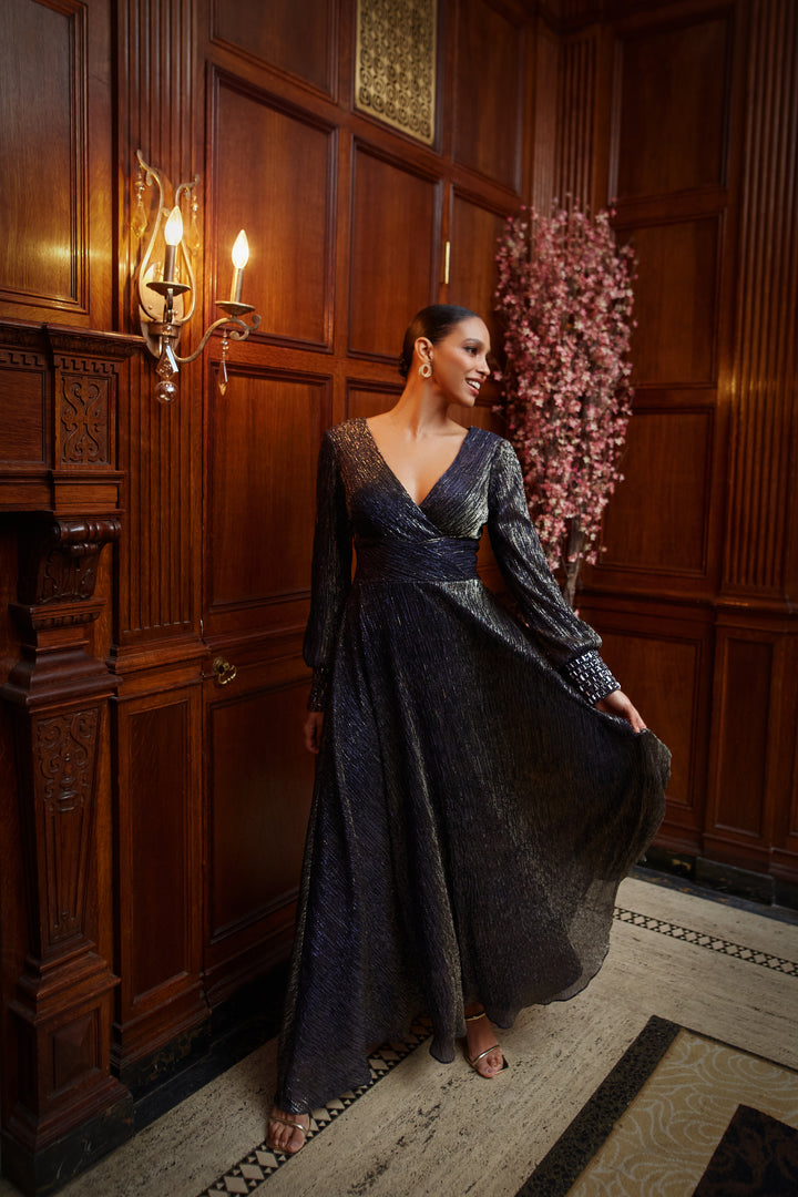 "Clarise" Long Sleeve Galaxy Pleated Foil Gown