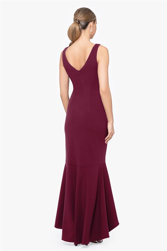 "Candace" Long V- Neck Hi Low Cascade Dress