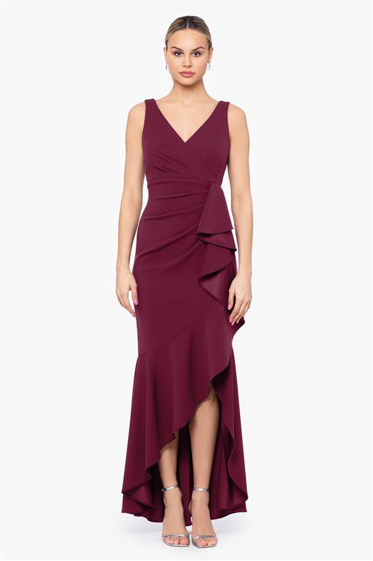 Petite "Candace" Long V- Neck Hi Low Cascade Dress