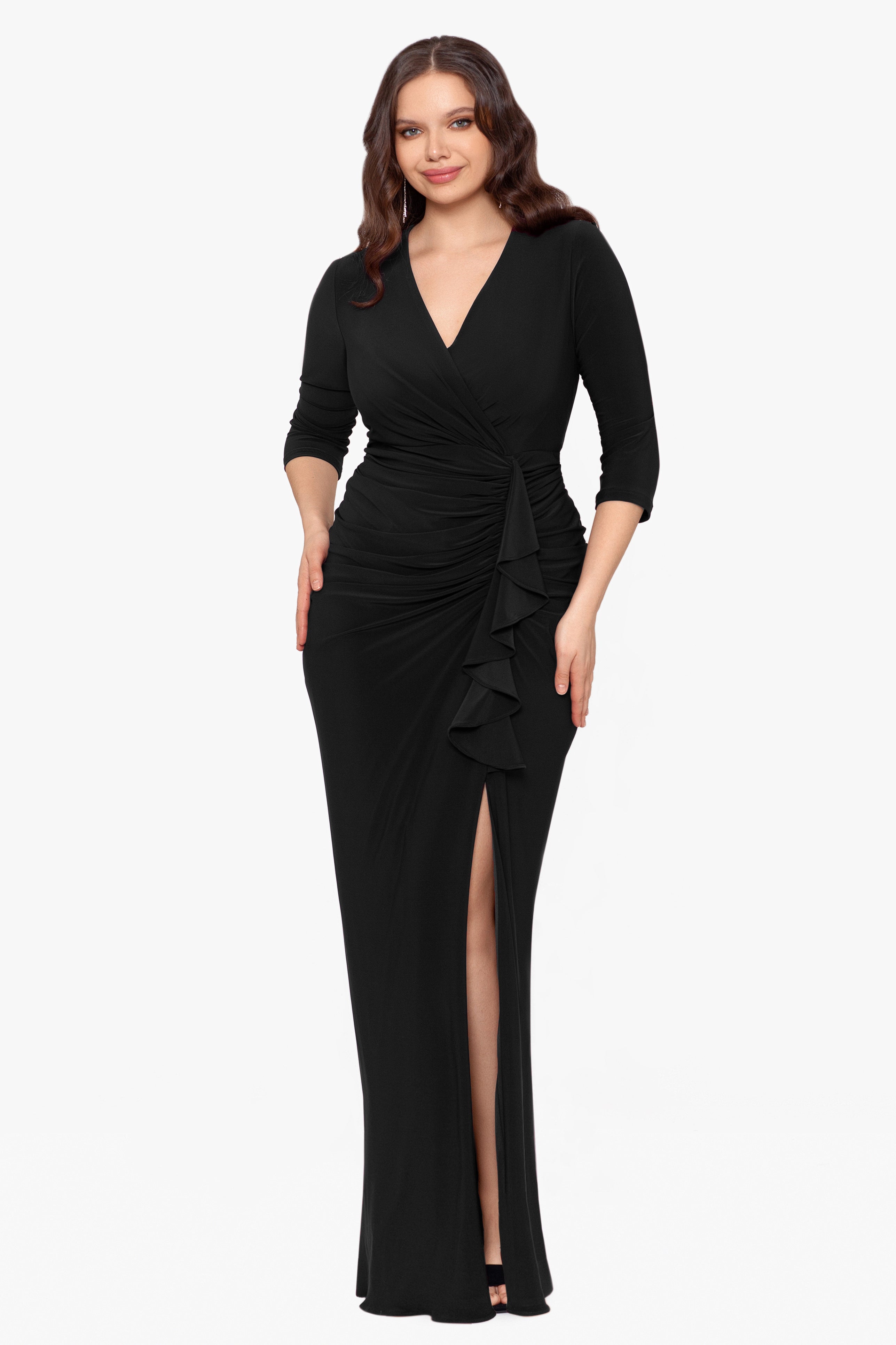 Plus "Aubree" Jersey Knit Long Sleeve Ruffle Floor Length Dress