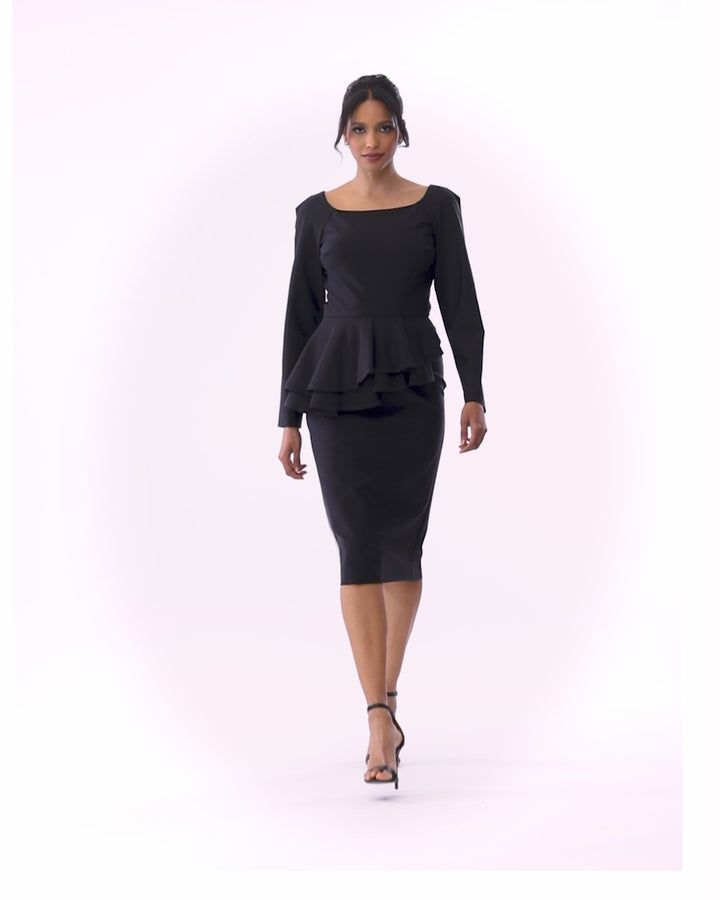 "Eileen" Short Asymmetrical Peplum Long Sleeve Dress