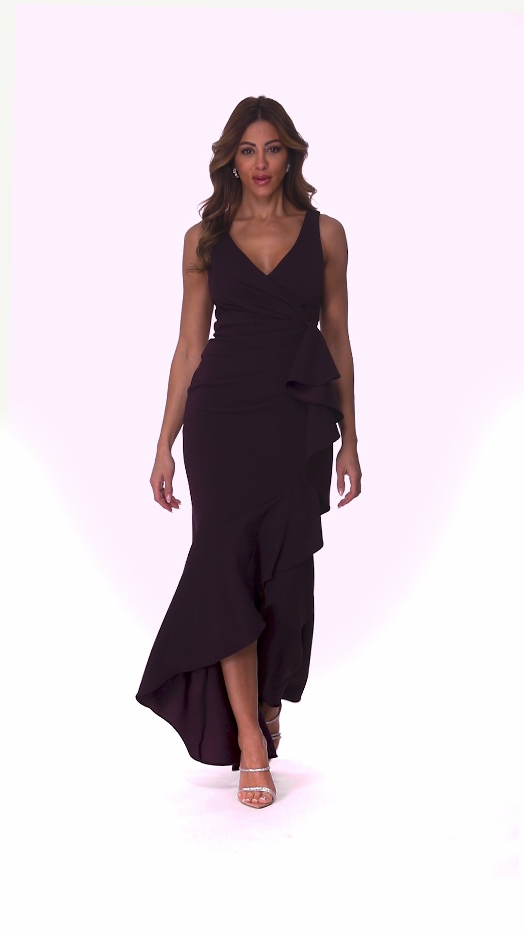 "Candace" Long V- Neck Hi Low Cascade Dress