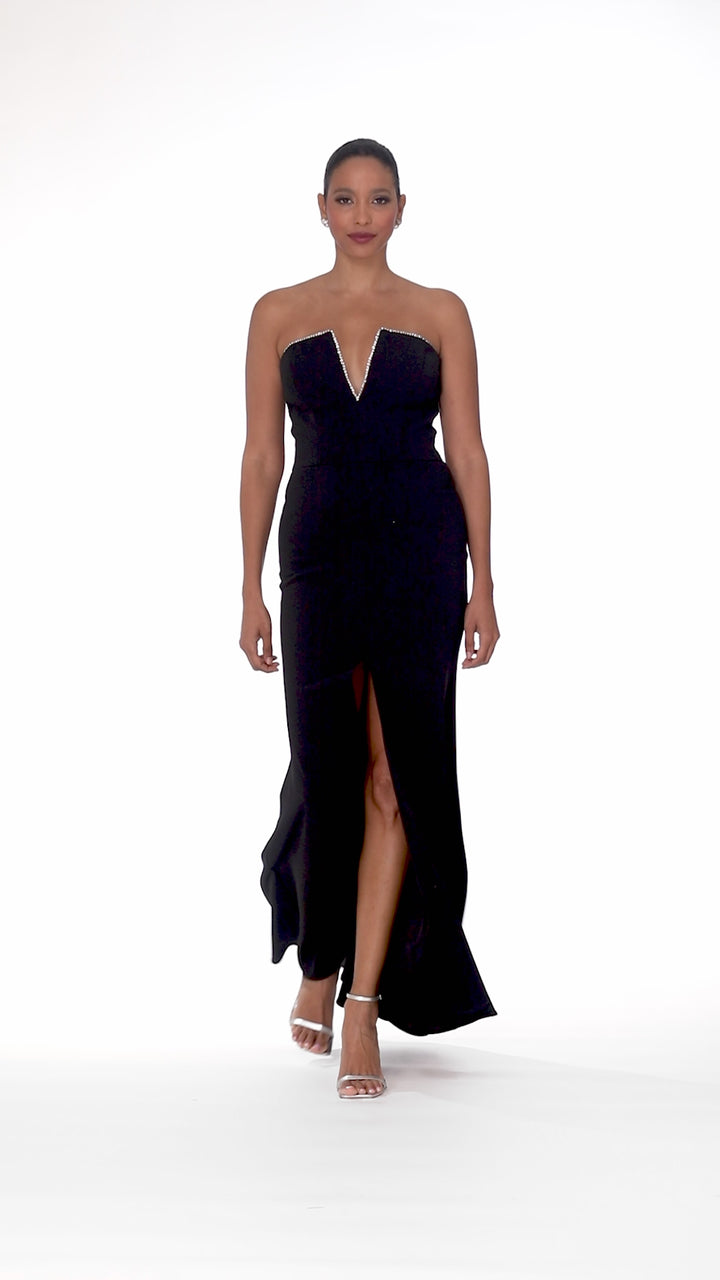 "Raven" Strapless Split V-Neck Floor Length Dress