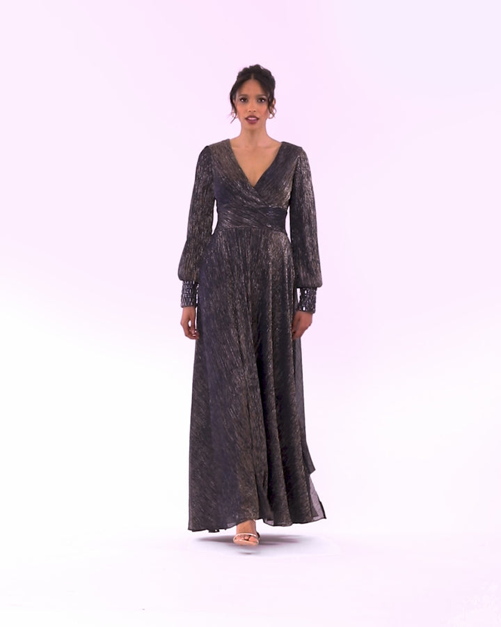 "Clarise" Long Sleeve Galaxy Pleated Foil Gown